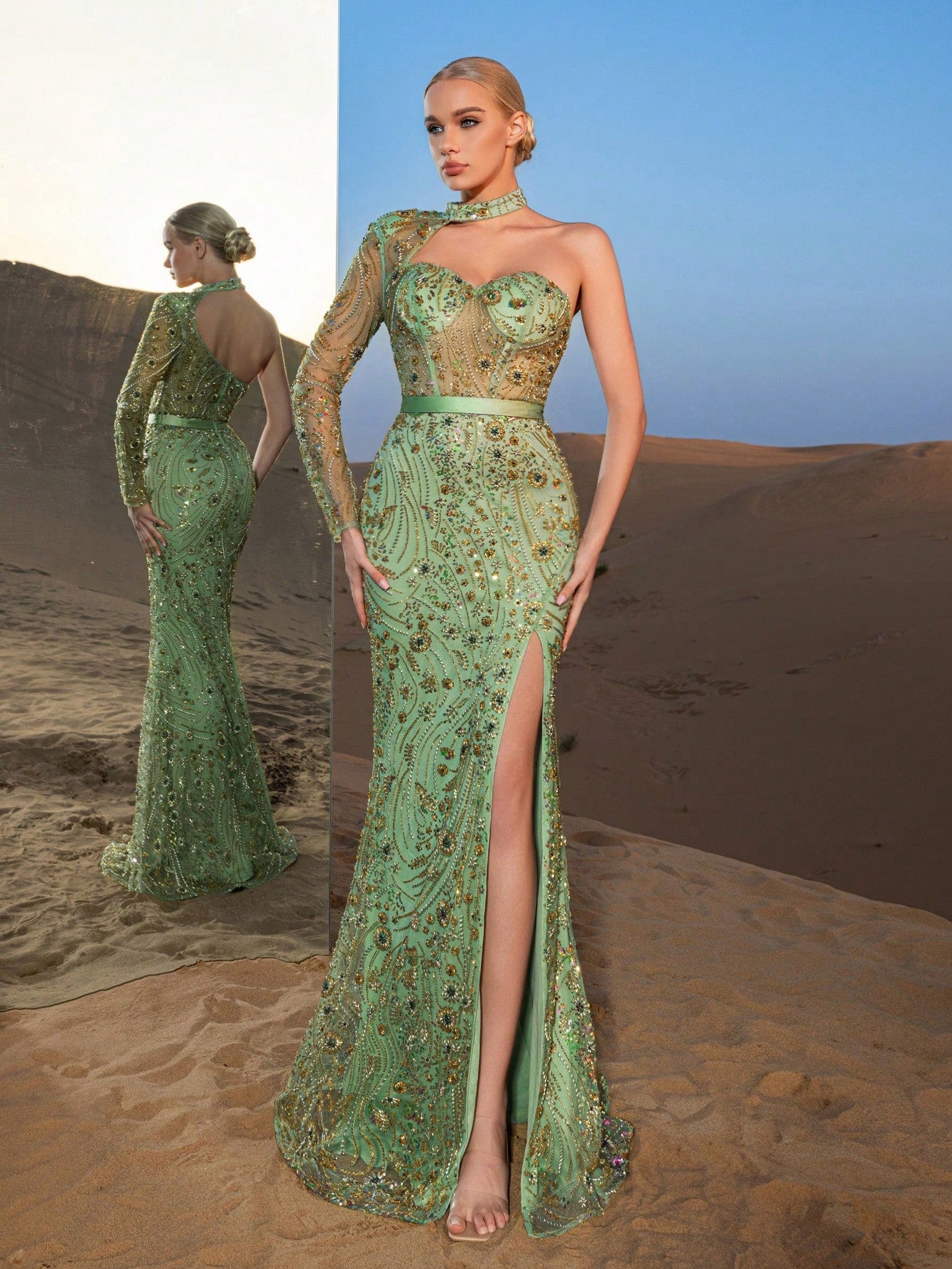 Gorgeous Asymmetrical Neck Mermaid Hem Beaded Formal Dresses & Evening Gowns