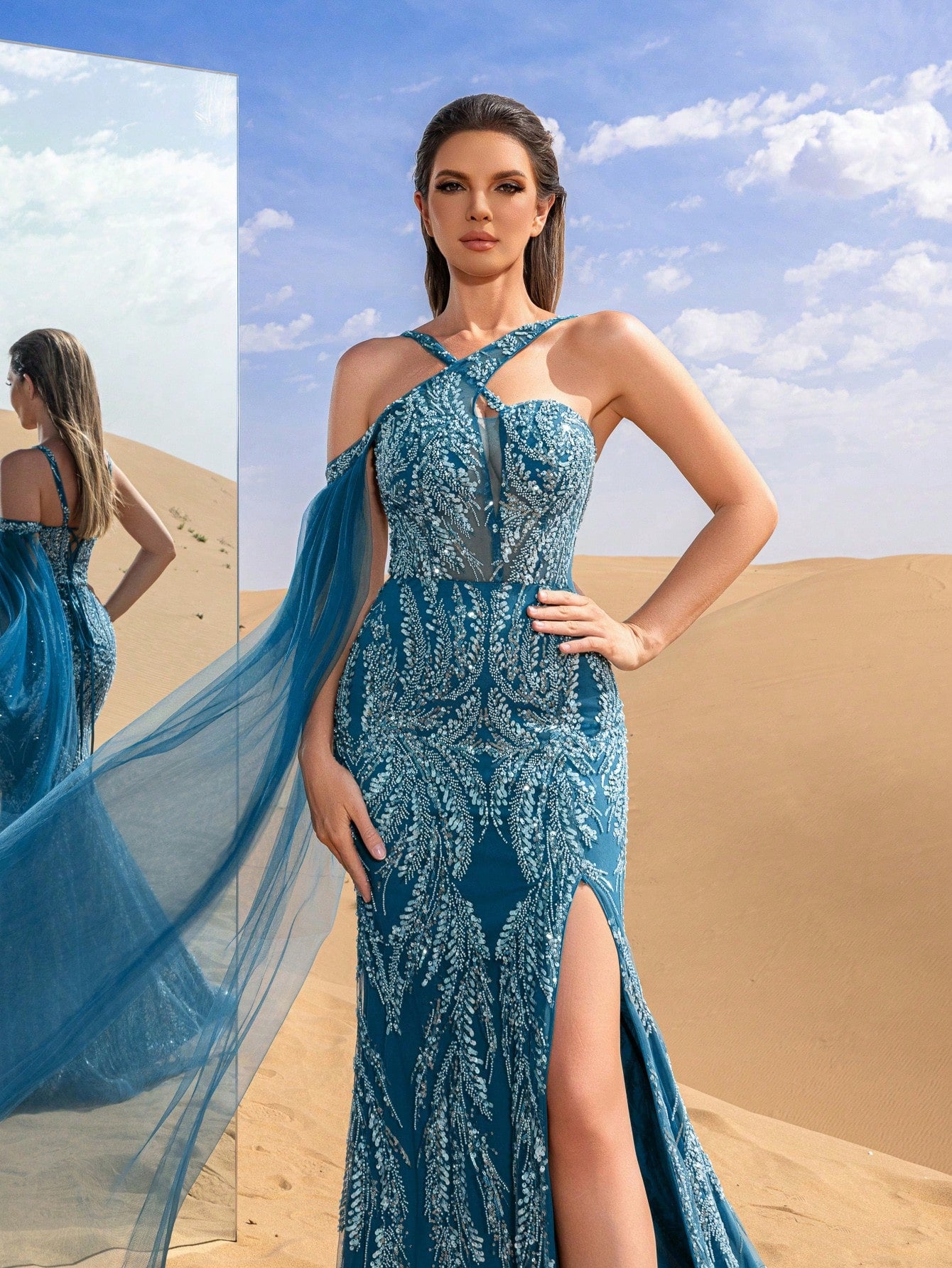 Gorgeous Crisscross Halter Neck Split Mermaid Hem Beaded Formal Dresses & Evening Gowns