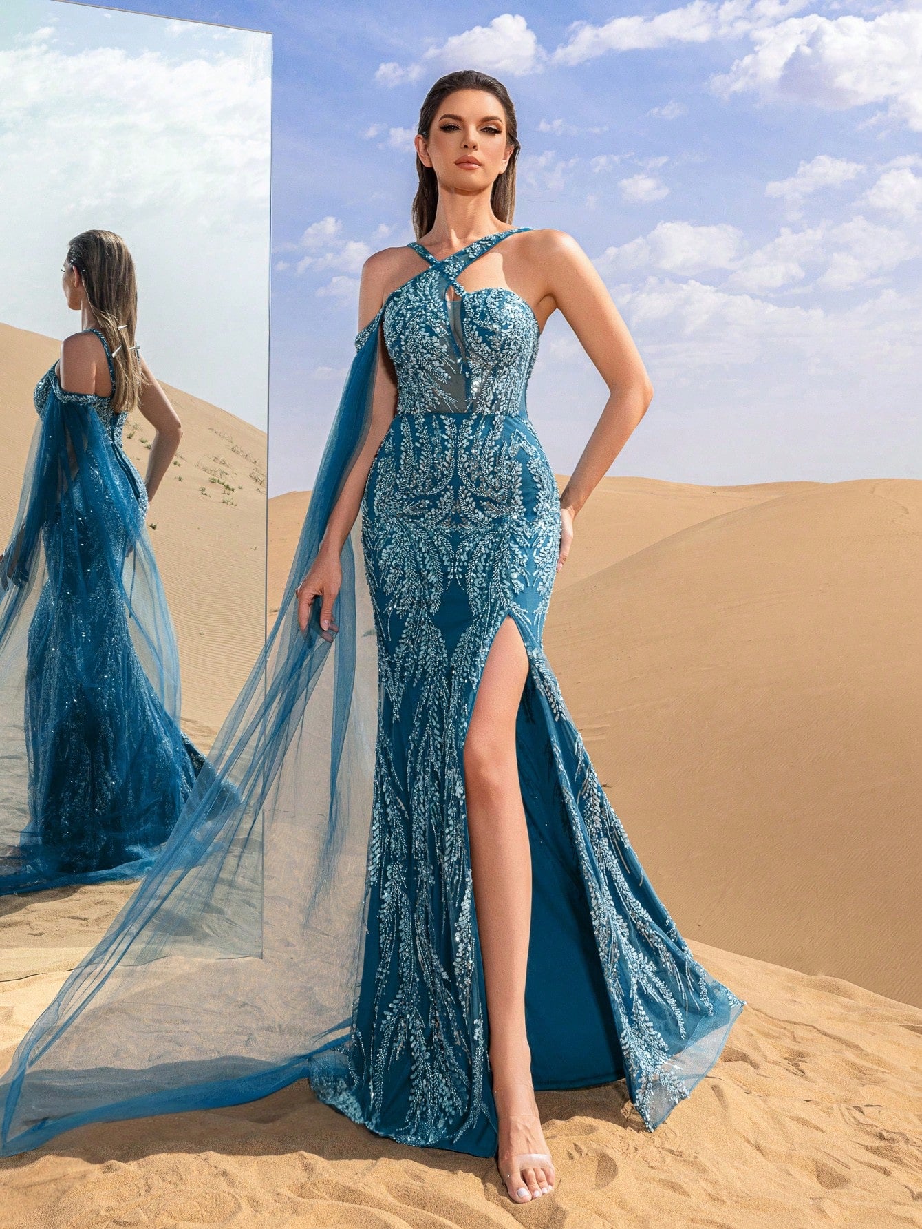 Gorgeous Crisscross Halter Neck Split Mermaid Hem Beaded Formal Dresses & Evening Gowns