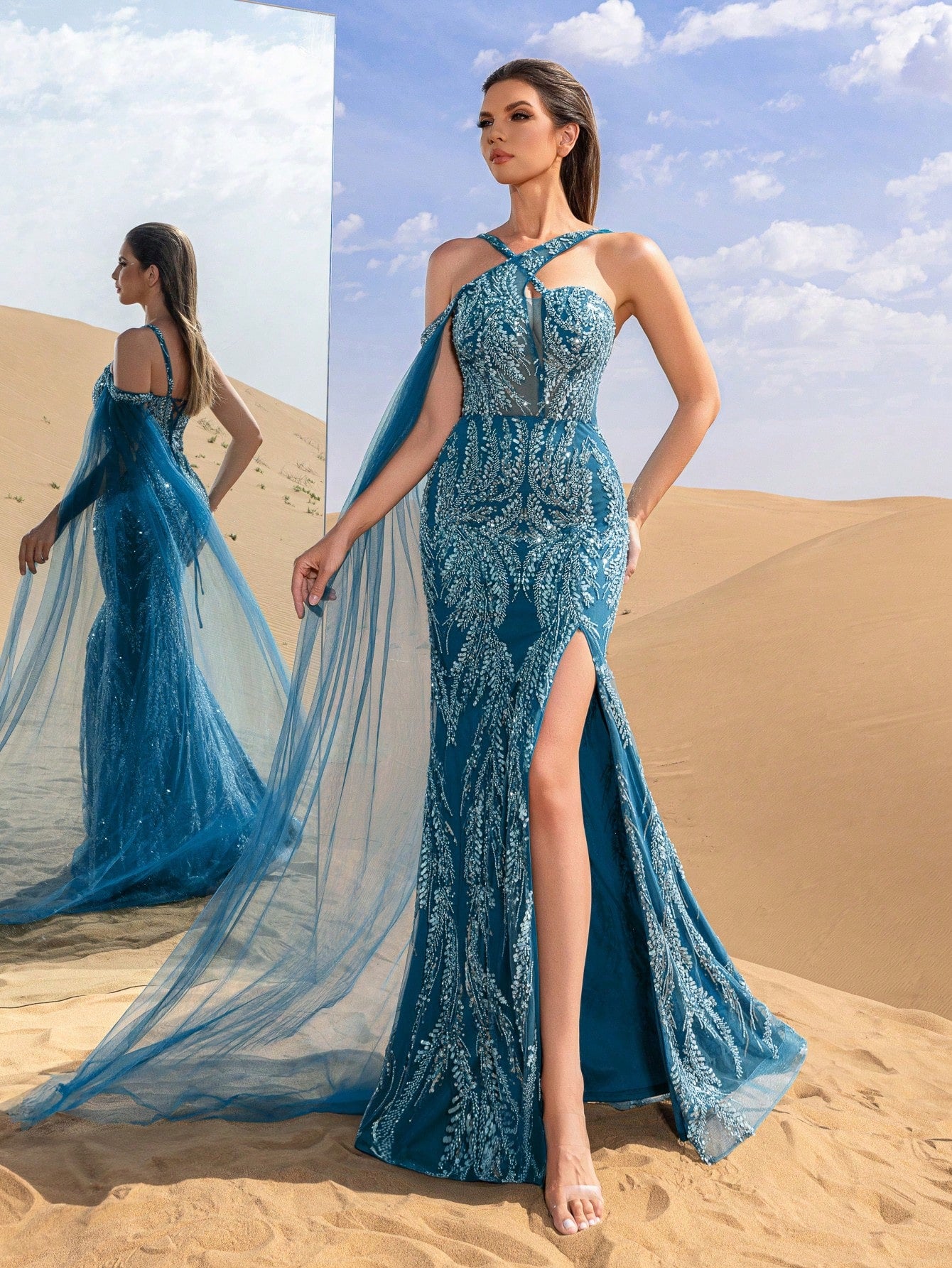 Gorgeous Crisscross Halter Neck Split Mermaid Hem Beaded Formal Dresses & Evening Gowns