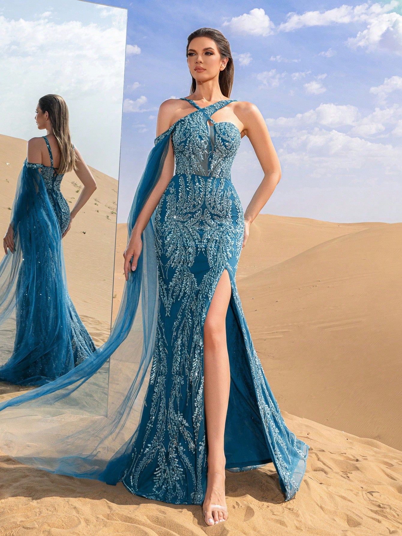 Gorgeous Crisscross Halter Neck Split Mermaid Hem Beaded Formal Dresses & Evening Gowns