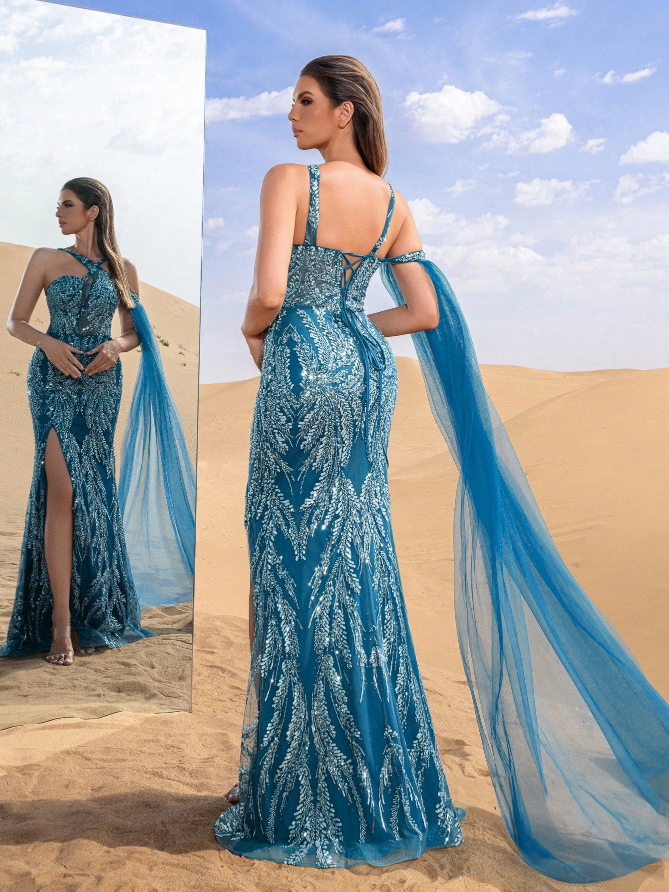 Gorgeous Crisscross Halter Neck Split Mermaid Hem Beaded Formal Dresses & Evening Gowns