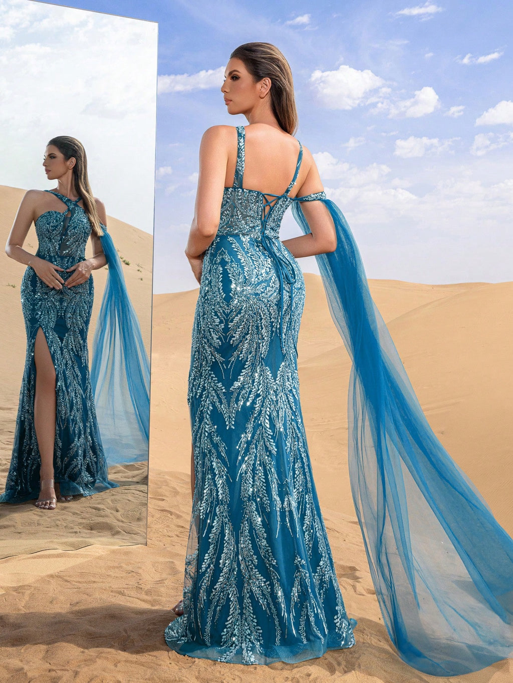Gorgeous Crisscross Halter Neck Split Mermaid Hem Beaded Formal Dresses & Evening Gowns