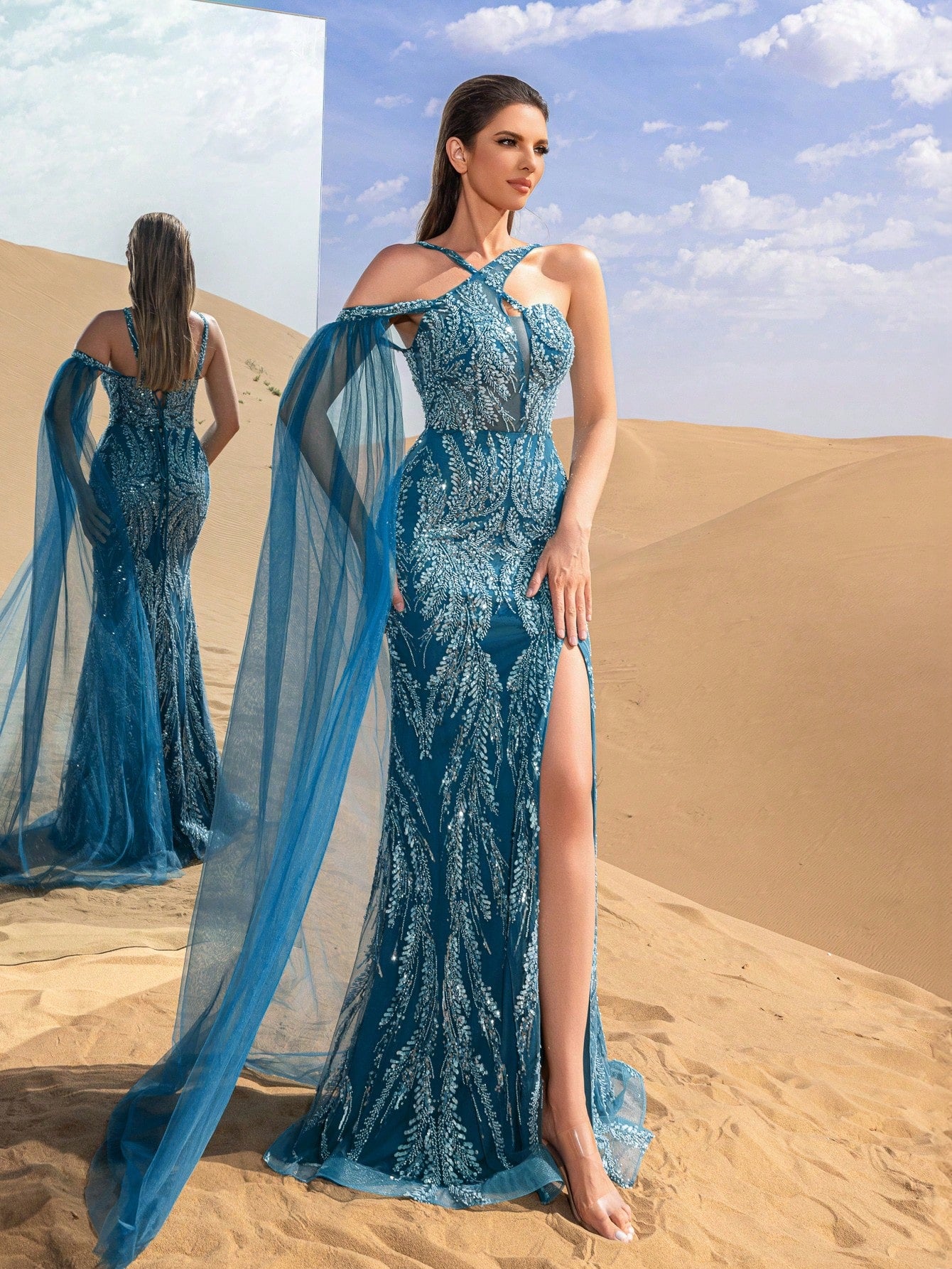 Gorgeous Crisscross Halter Neck Split Mermaid Hem Beaded Formal Dresses & Evening Gowns