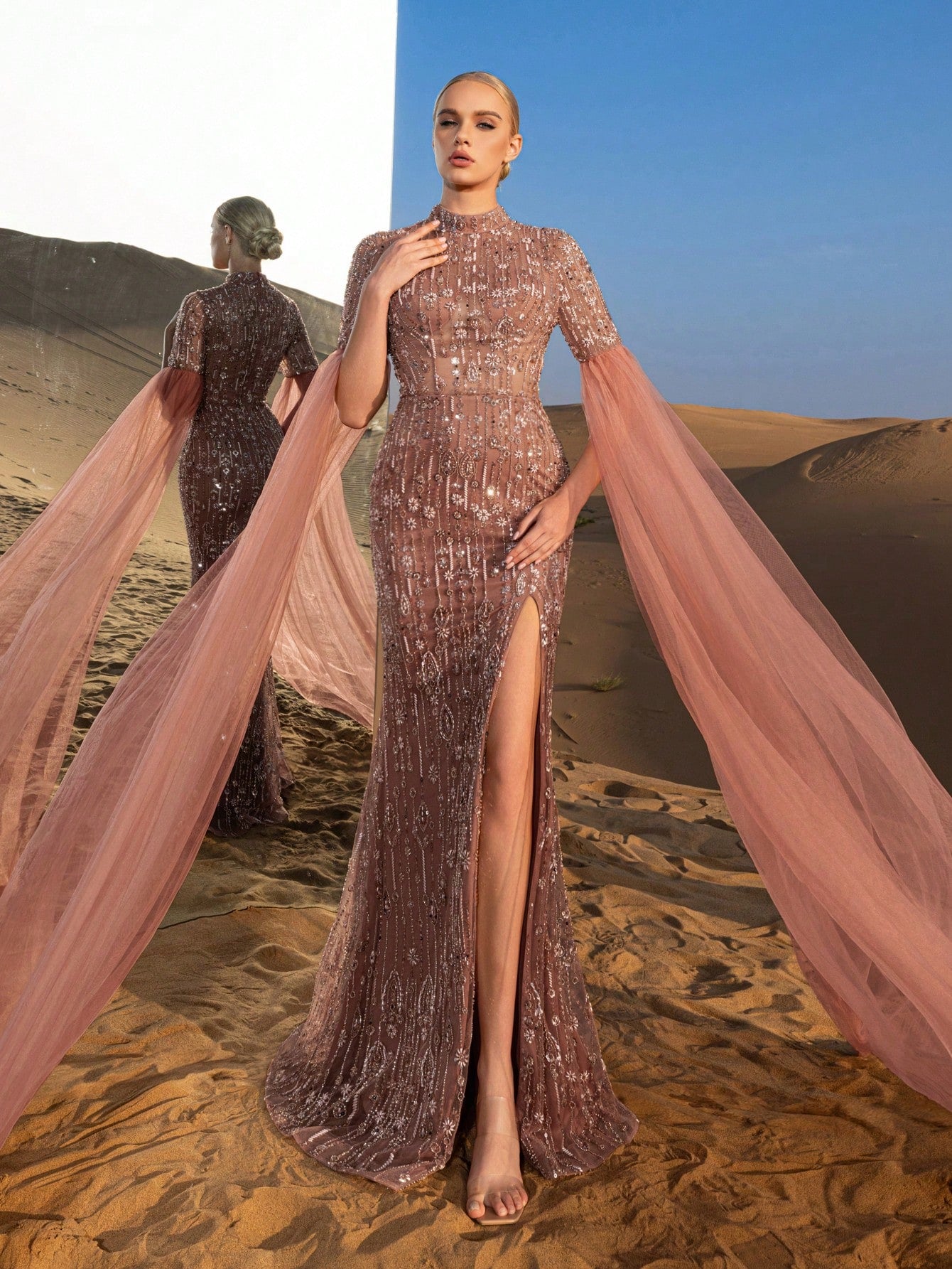 Gorgeous Mock Neck Extra-Long Sleeves Beaded Formal Dresses & Evening Gowns