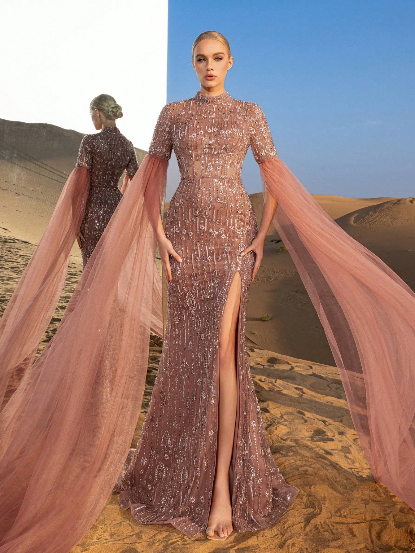 Gorgeous Mock Neck Extra-Long Sleeves Beaded Formal Dresses & Evening Gowns