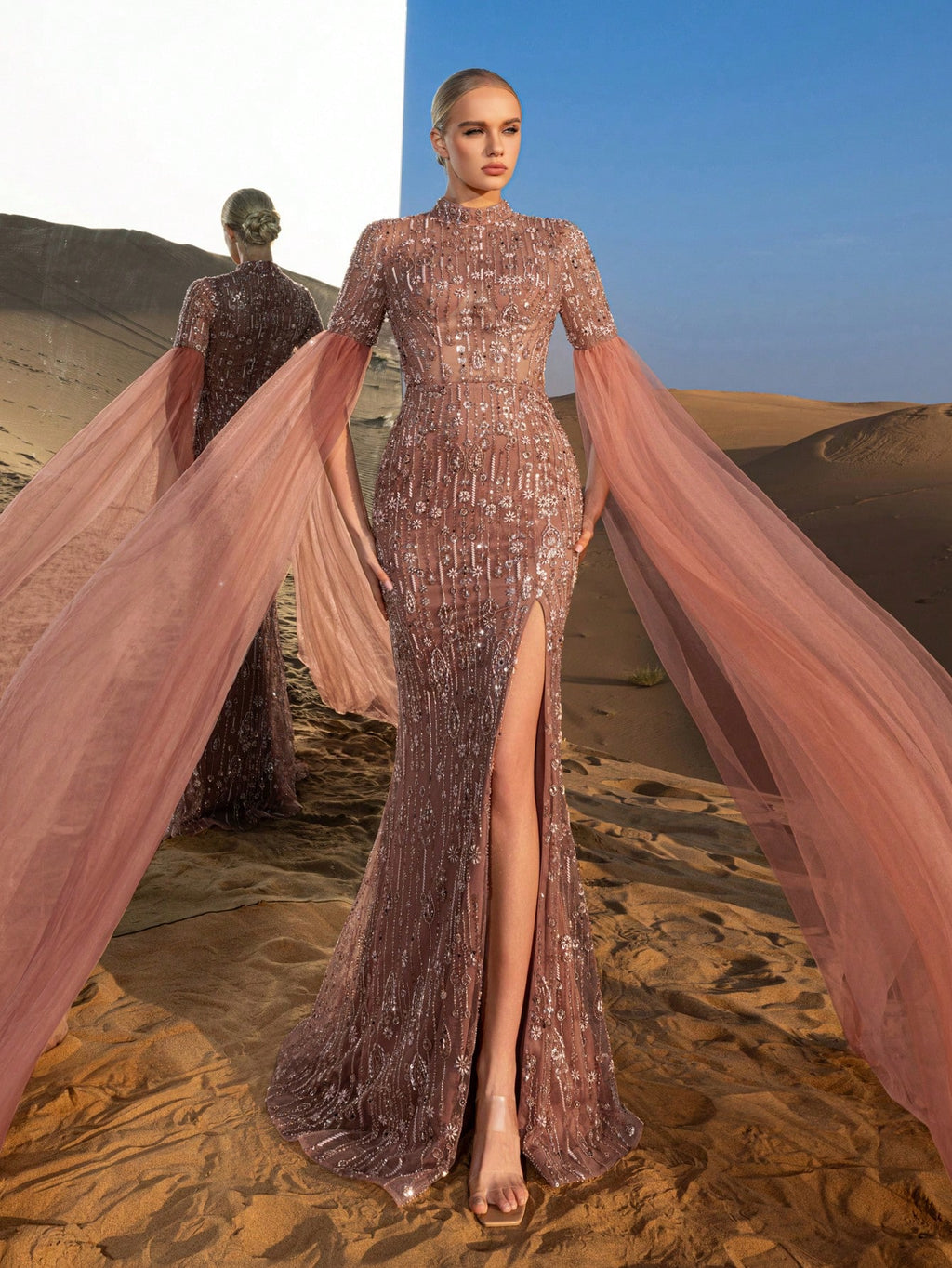 Gorgeous Mock Neck Extra-Long Sleeves Beaded Formal Dresses & Evening Gowns