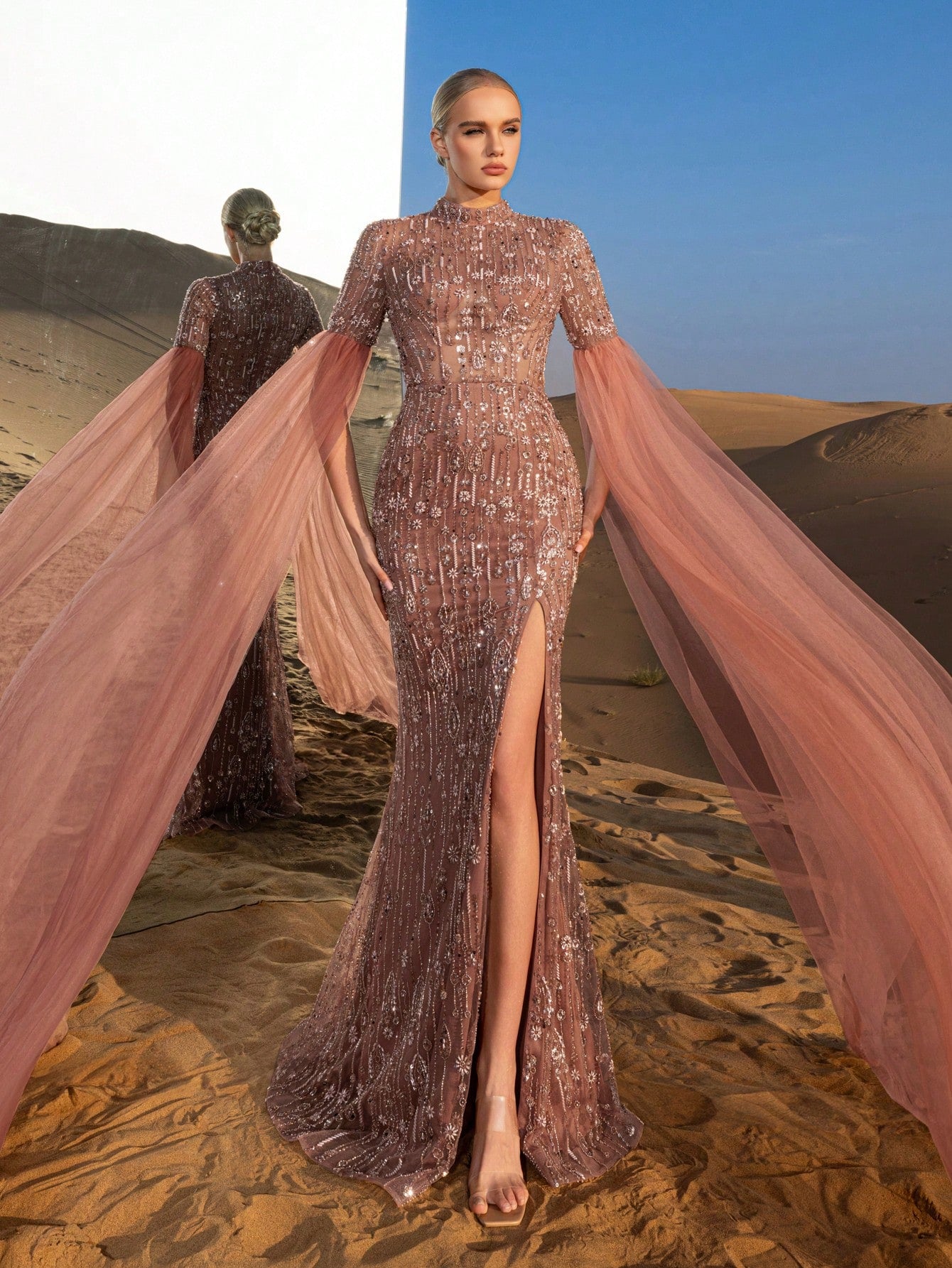 Gorgeous Mock Neck Extra-Long Sleeves Beaded Formal Dresses & Evening Gowns
