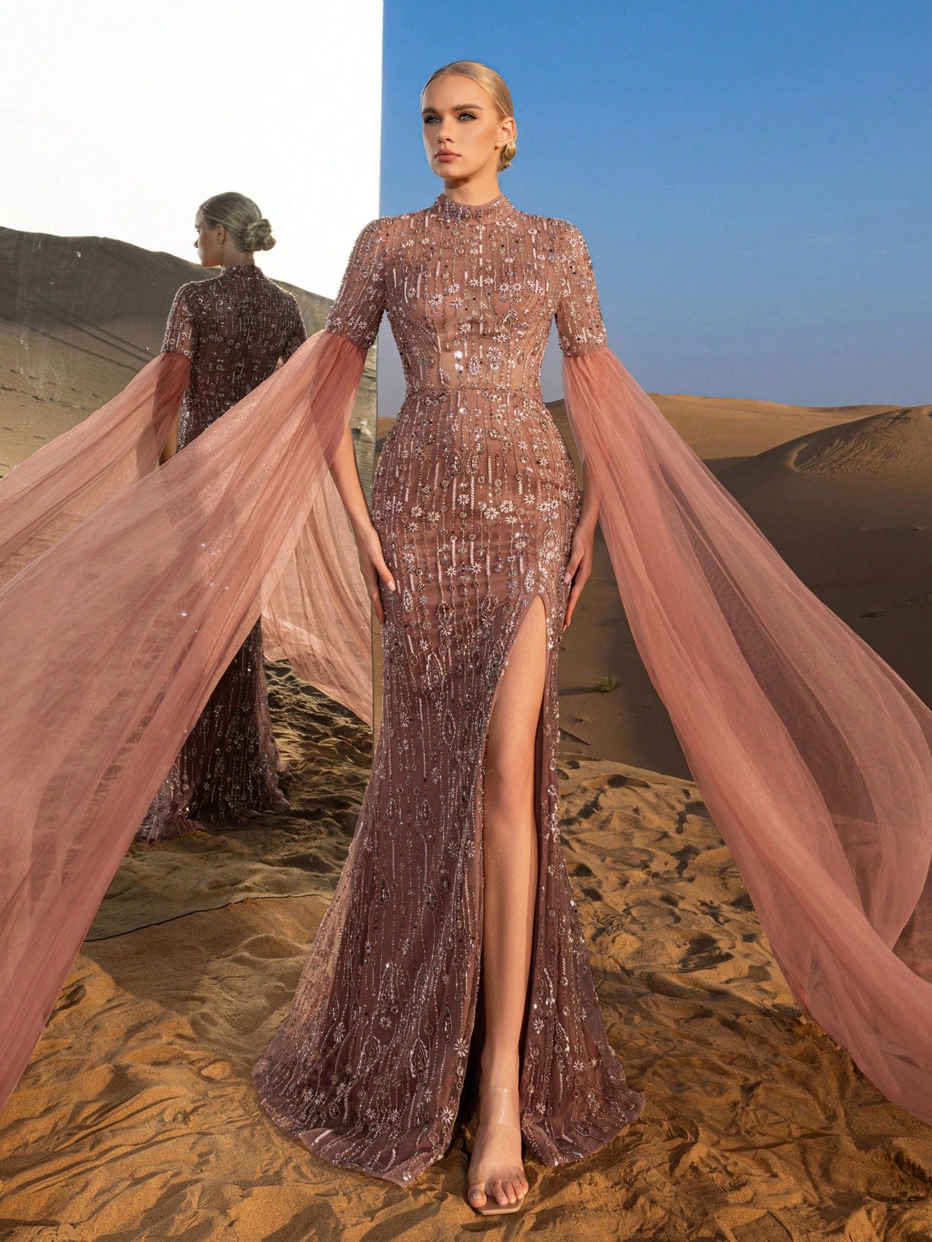 Gorgeous Mock Neck Extra-Long Sleeves Beaded Formal Dresses & Evening Gowns