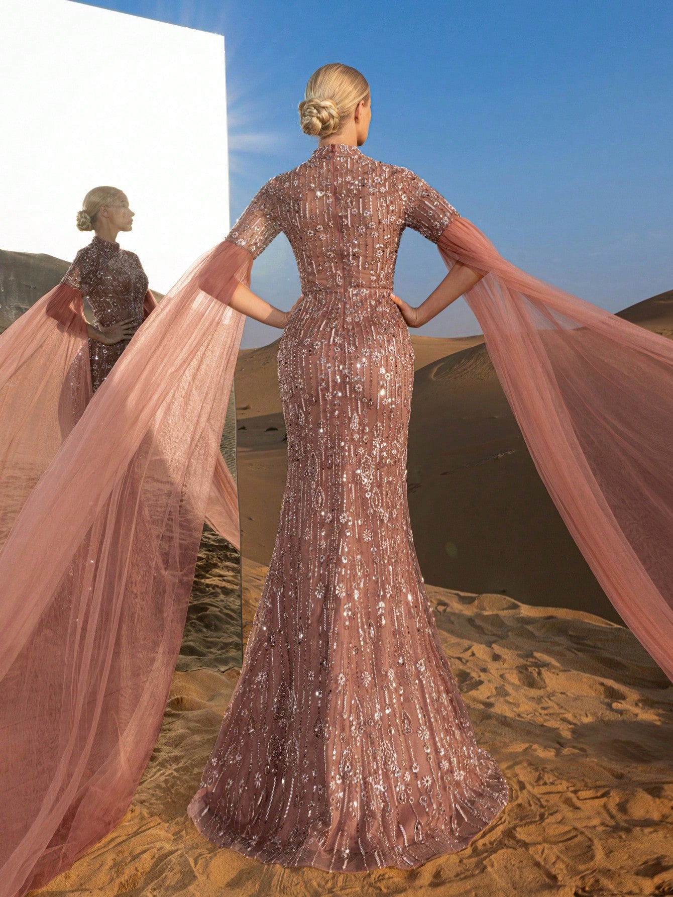 Gorgeous Mock Neck Extra-Long Sleeves Beaded Formal Dresses & Evening Gowns