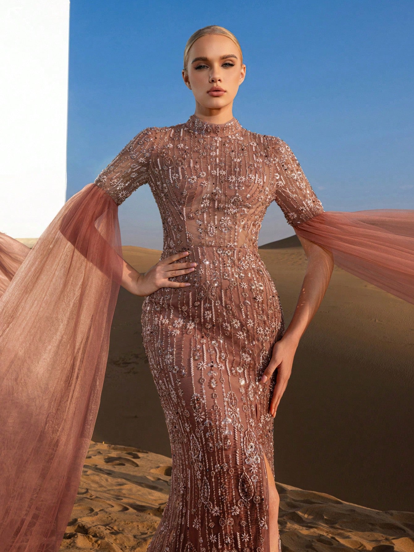 Gorgeous Mock Neck Extra-Long Sleeves Beaded Formal Dresses & Evening Gowns