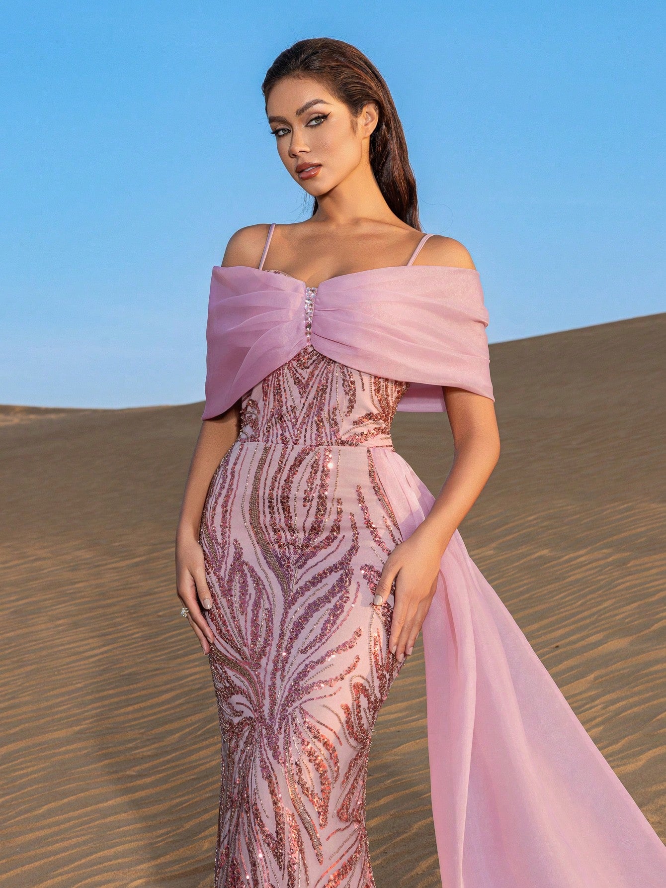 Elegant Off Shoulder Mermaid Hem Contrast Organza Graphic Sequin Beaded Formal Dresses & Evening Gowns