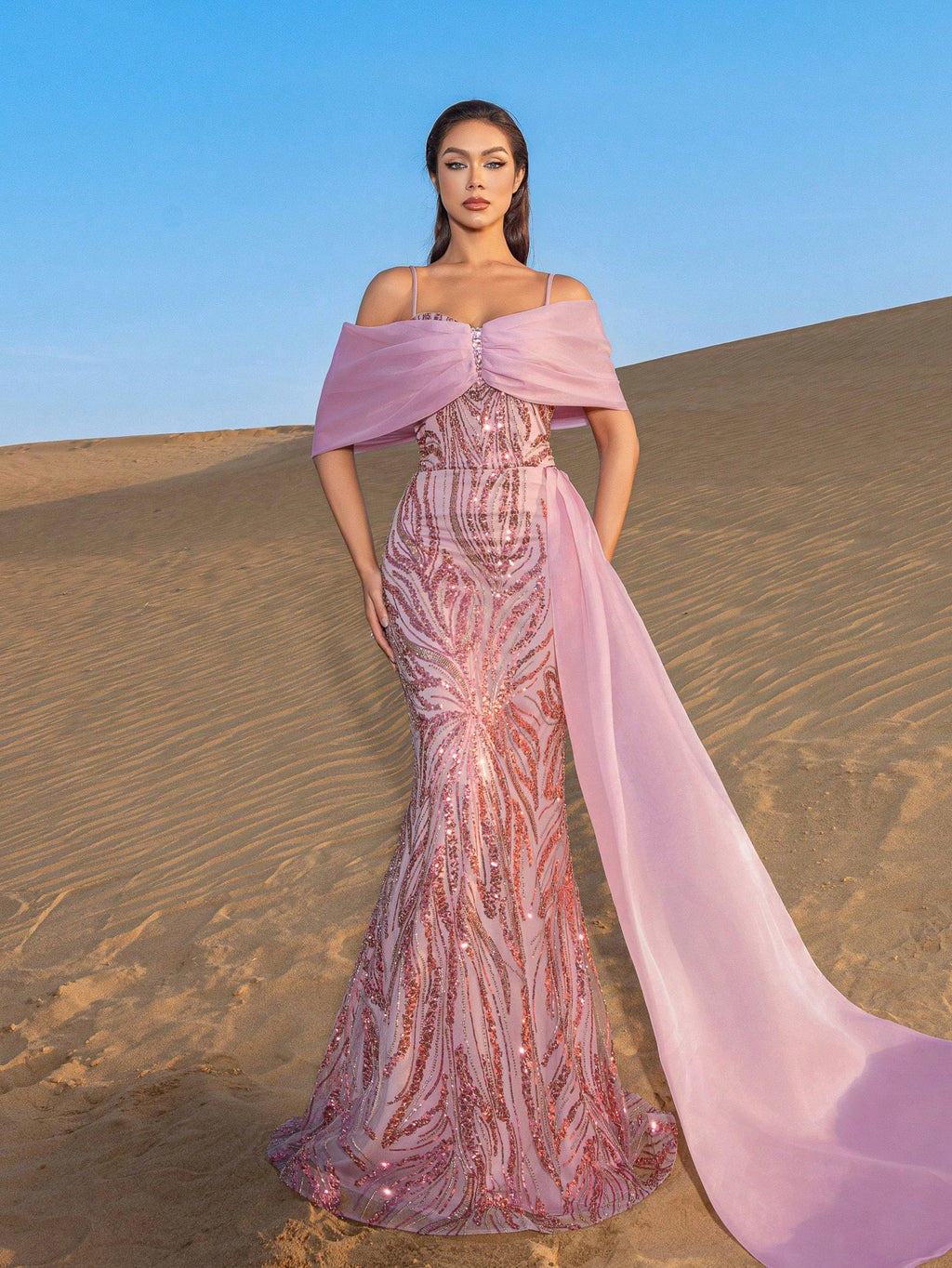 Elegant Off Shoulder Mermaid Hem Contrast Organza Graphic Sequin Beaded Formal Dresses & Evening Gowns