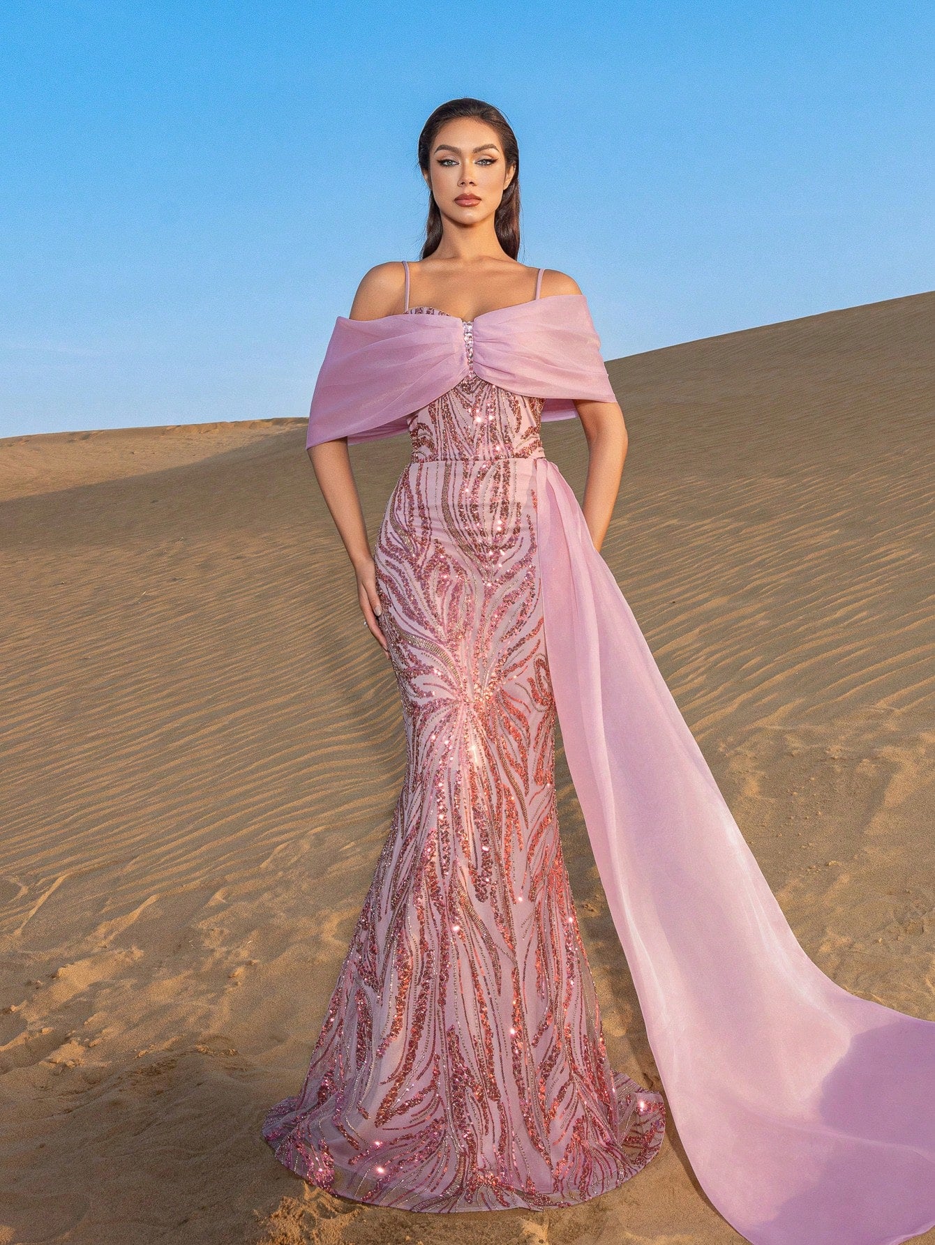 Elegant Off Shoulder Mermaid Hem Contrast Organza Graphic Sequin Beaded Formal Dresses & Evening Gowns