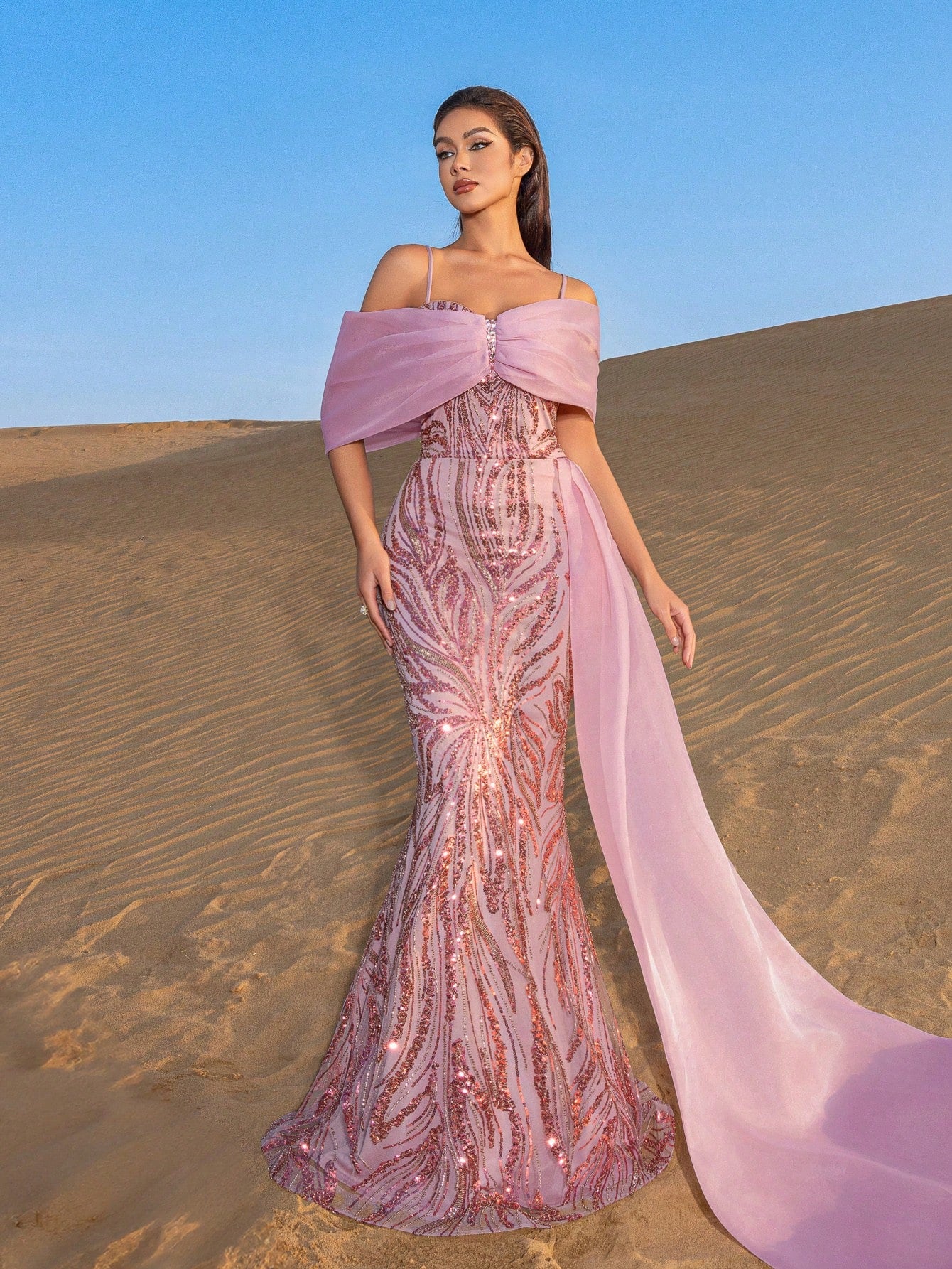 Elegant Off Shoulder Mermaid Hem Contrast Organza Graphic Sequin Beaded Formal Dresses & Evening Gowns