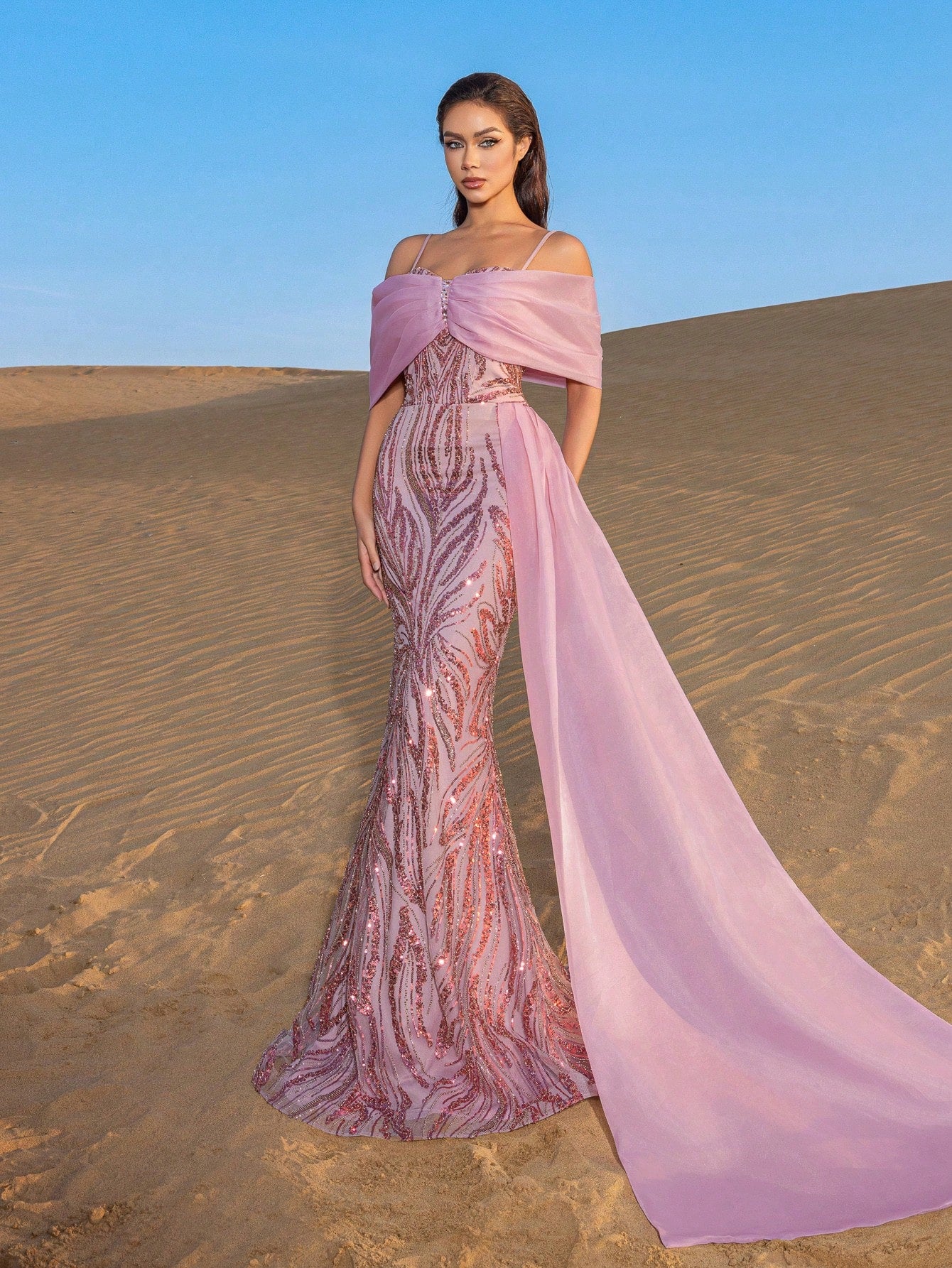 Elegant Off Shoulder Mermaid Hem Contrast Organza Graphic Sequin Beaded Formal Dresses & Evening Gowns