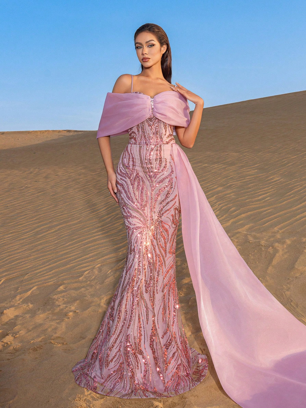 Elegant Off Shoulder Mermaid Hem Contrast Organza Graphic Sequin Beaded Formal Dresses & Evening Gowns