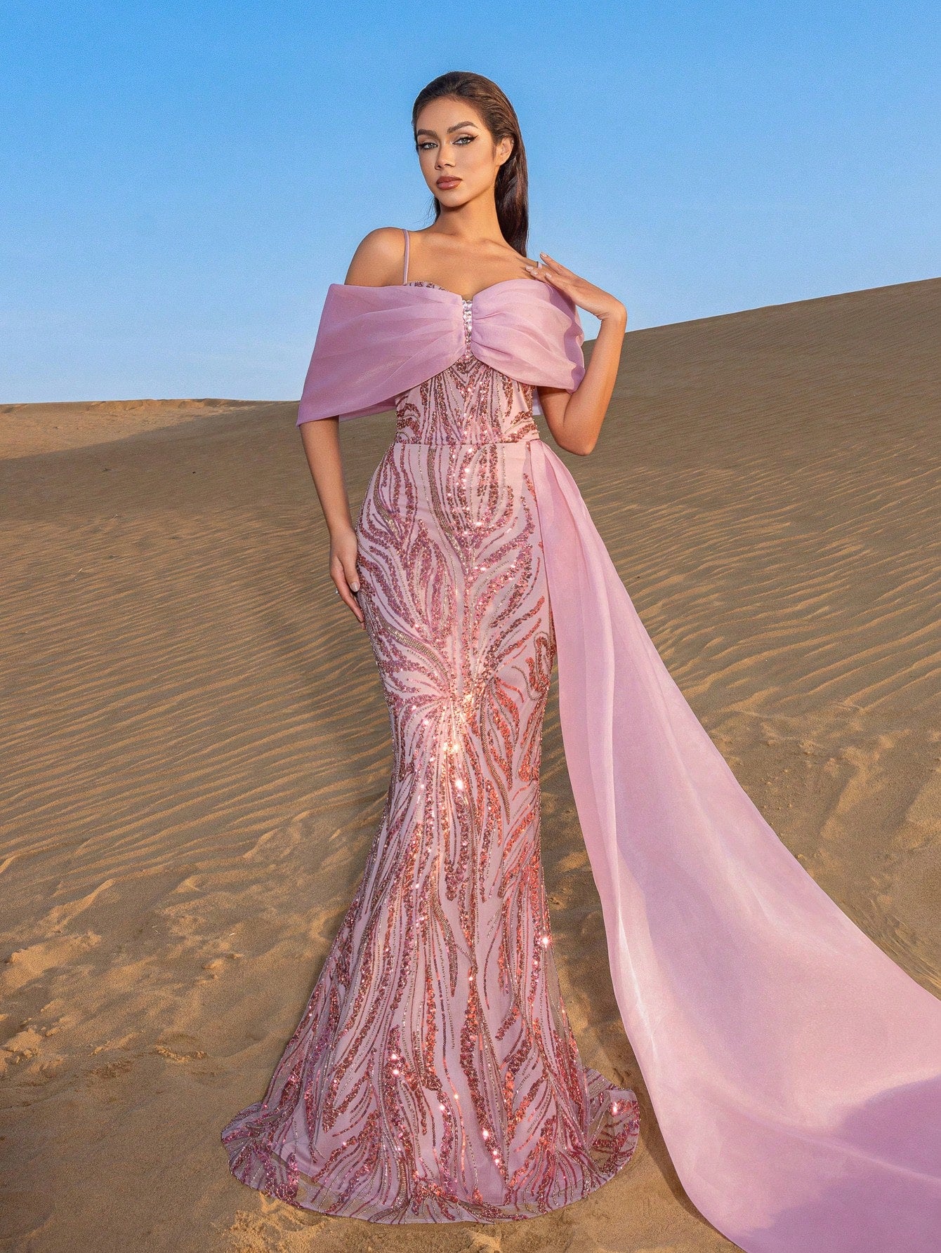Elegant Off Shoulder Mermaid Hem Contrast Organza Graphic Sequin Beaded Formal Dresses & Evening Gowns