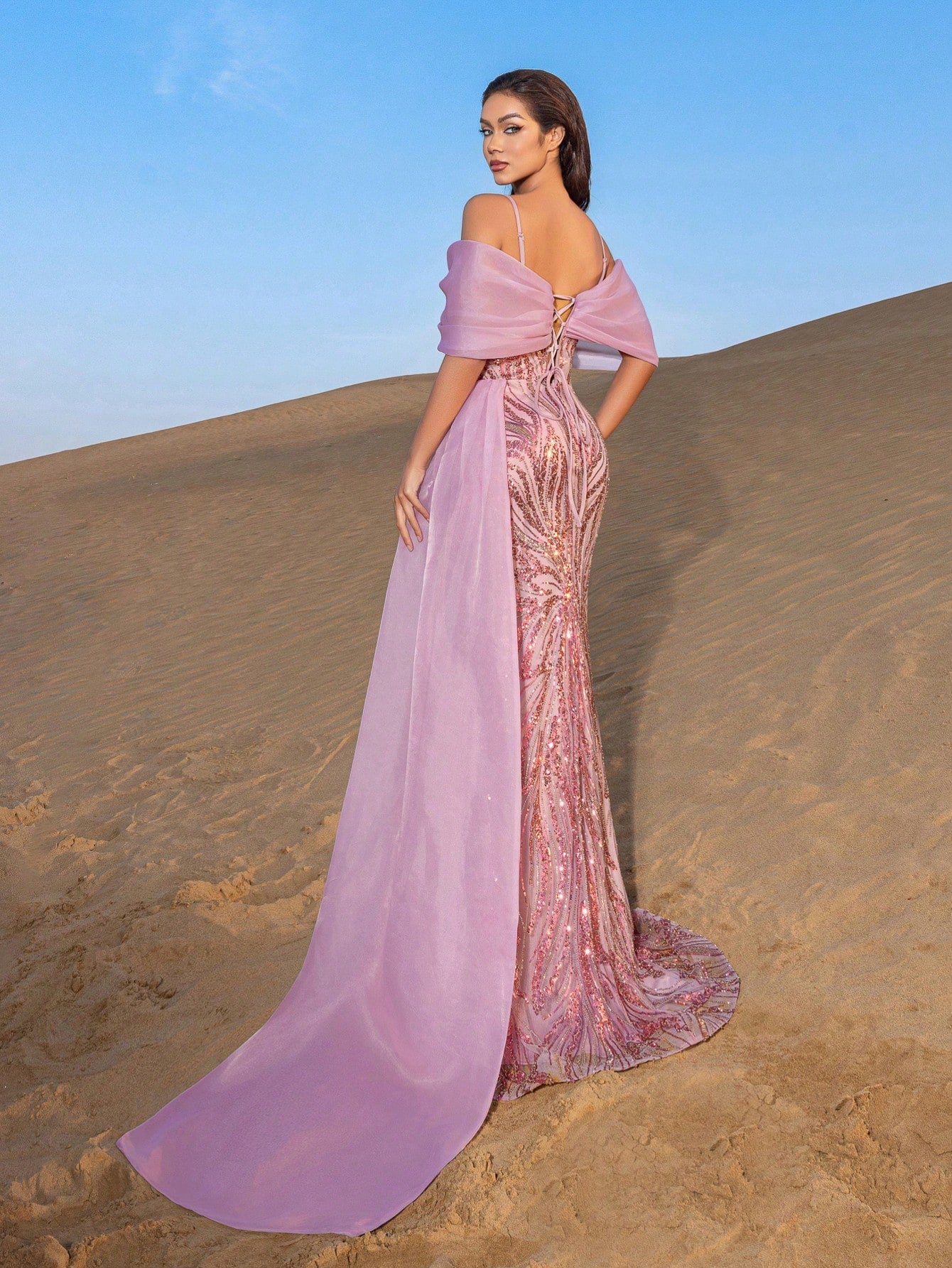 Elegant Off Shoulder Mermaid Hem Contrast Organza Graphic Sequin Beaded Formal Dresses & Evening Gowns