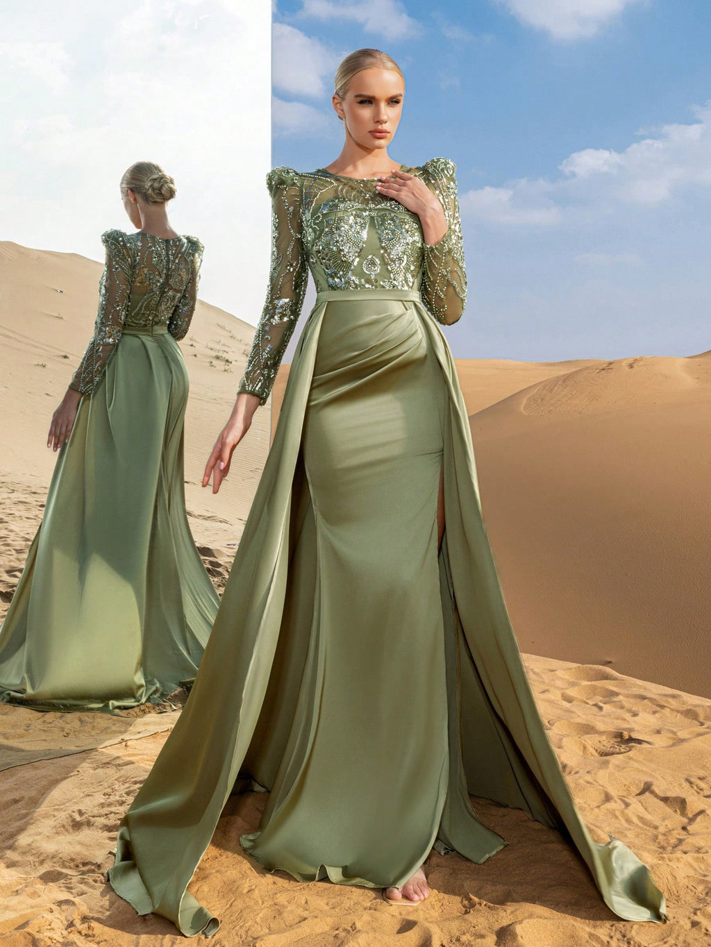 Gorgeous Beaded Bodice Sheer Sleeves Formal Party Dress