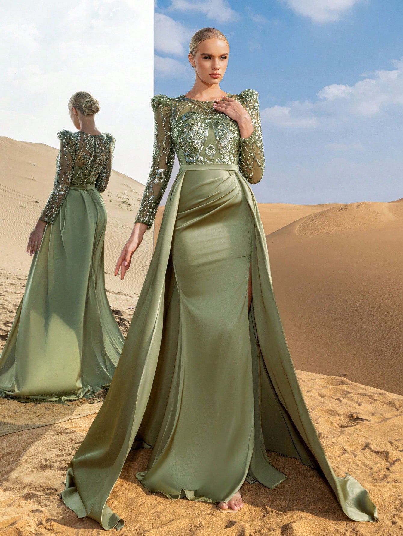 Gorgeous Beaded Bodice Sheer Sleeves Formal Party Dress