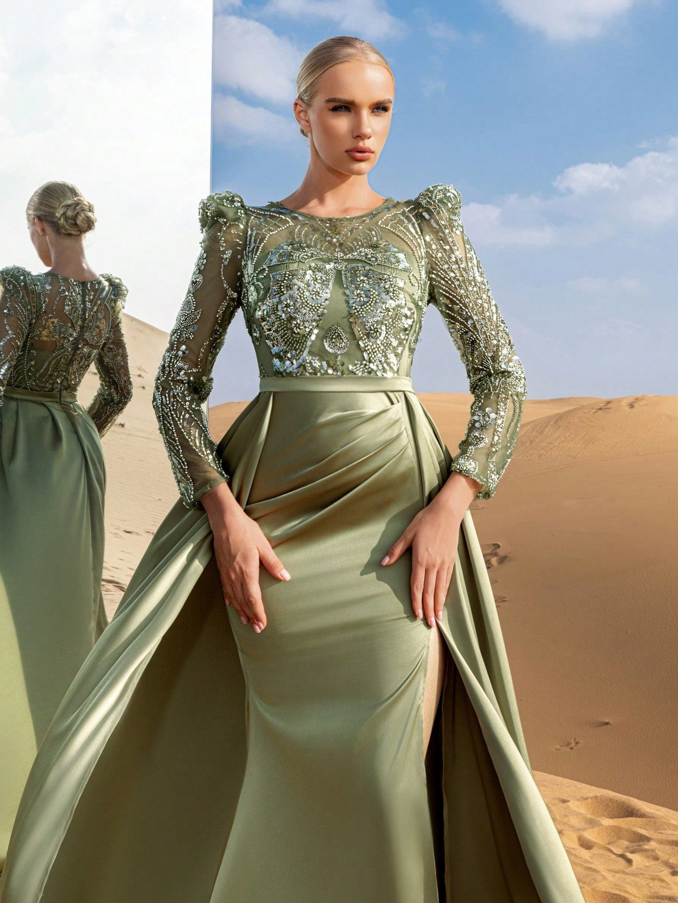 Gorgeous Beaded Bodice Sheer Sleeves Formal Party Dress