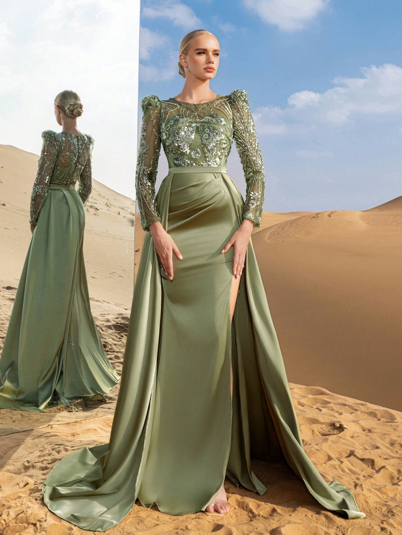 Gorgeous Beaded Bodice Sheer Sleeves Formal Party Dress