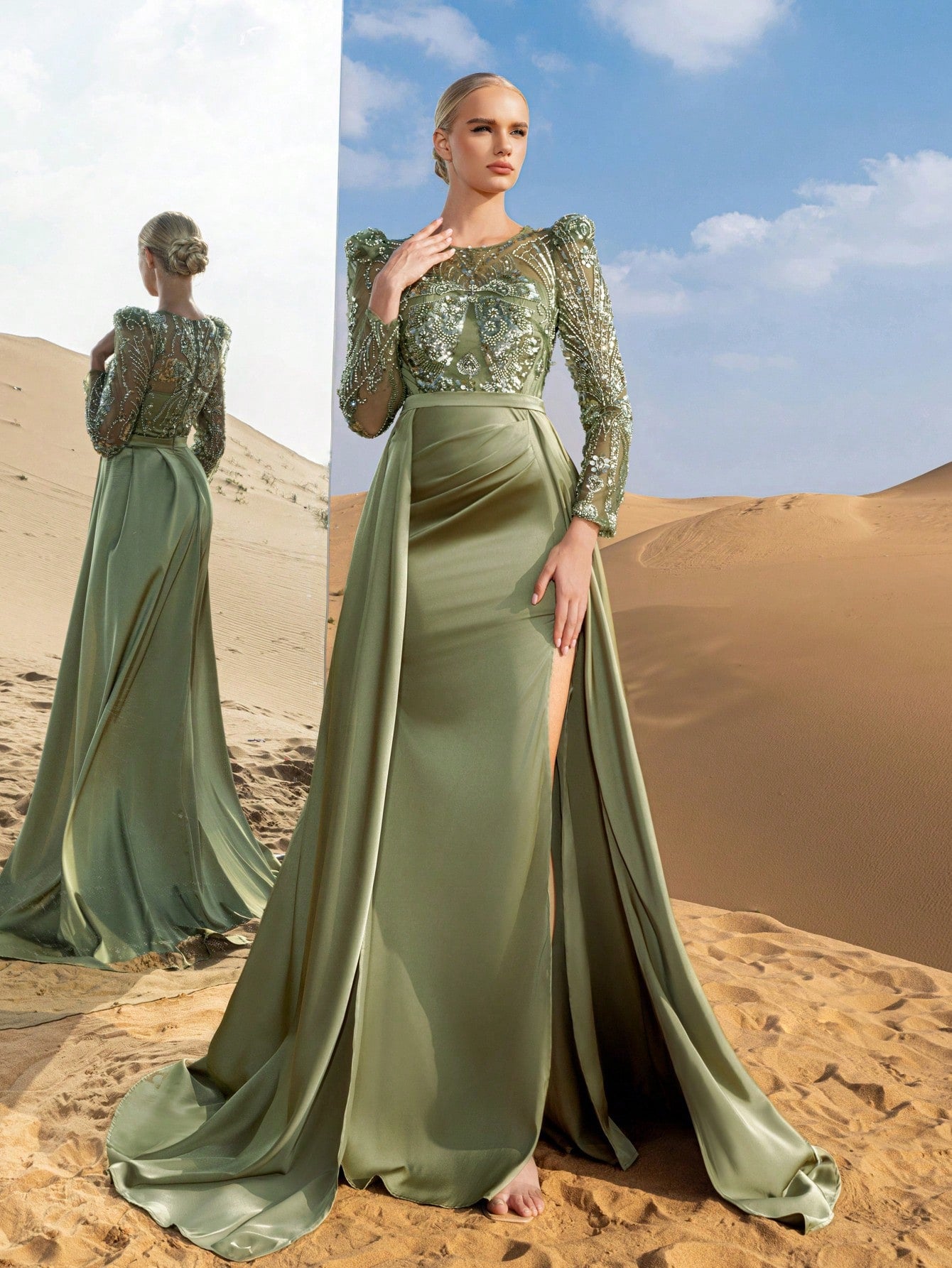 Gorgeous Beaded Bodice Sheer Sleeves Formal Party Dress