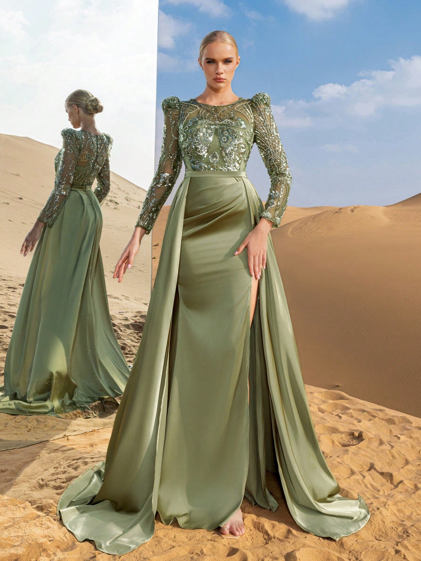 Gorgeous Beaded Bodice Sheer Sleeves Formal Party Dress