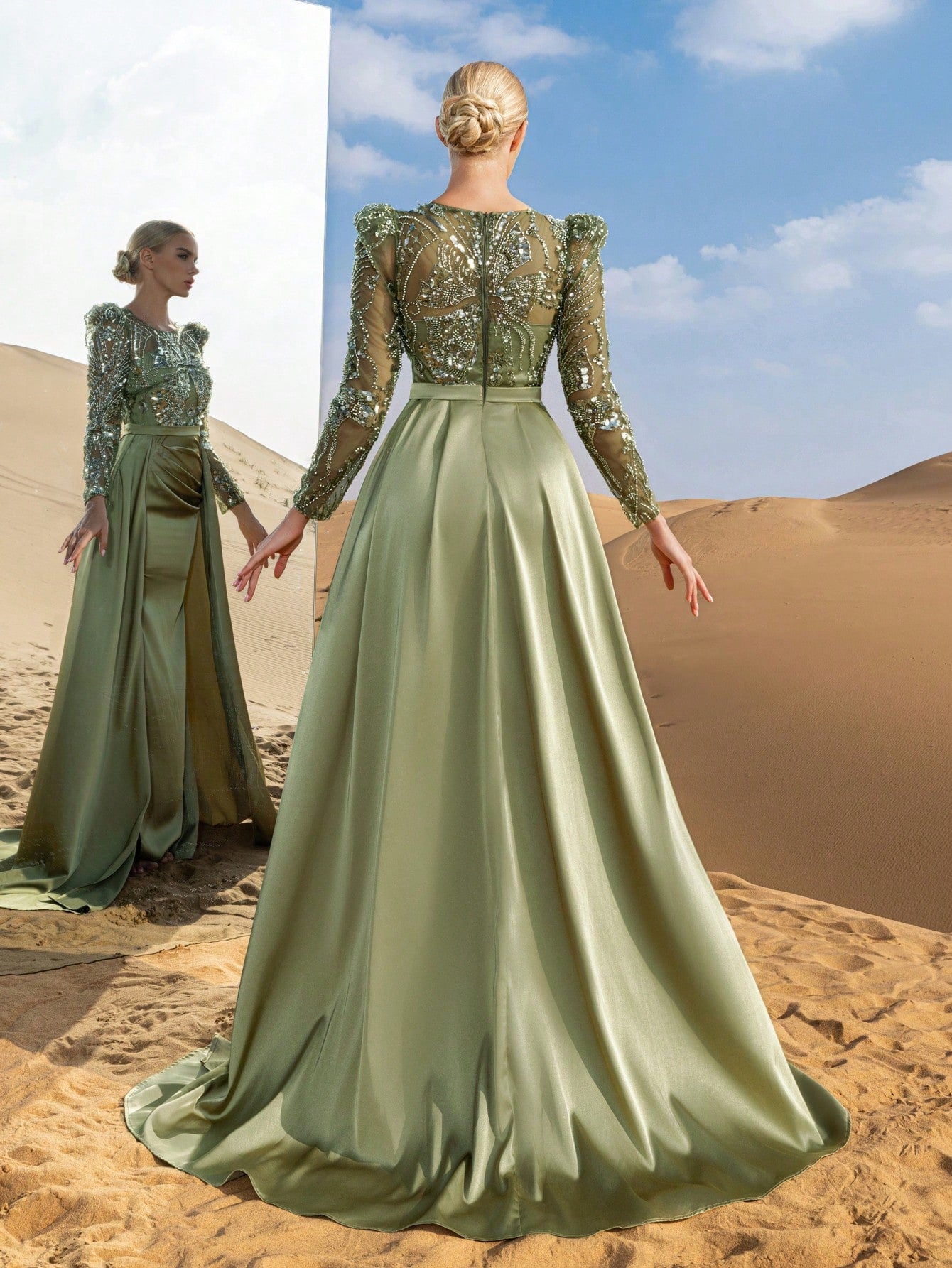 Gorgeous Beaded Bodice Sheer Sleeves Formal Party Dress