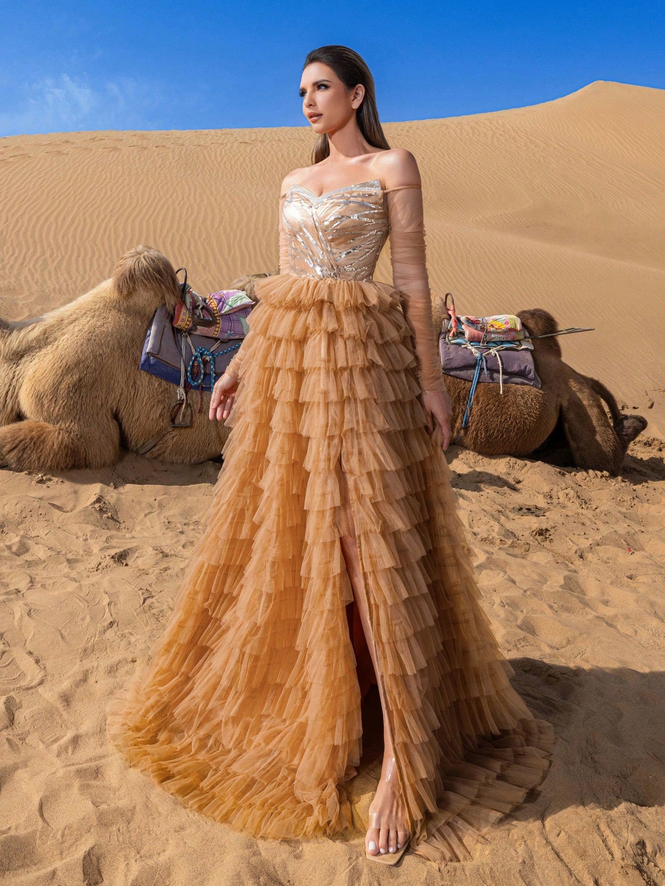 Gorgeous Off Shoulder Cascading Ruffle Hem Formal Prom Dress