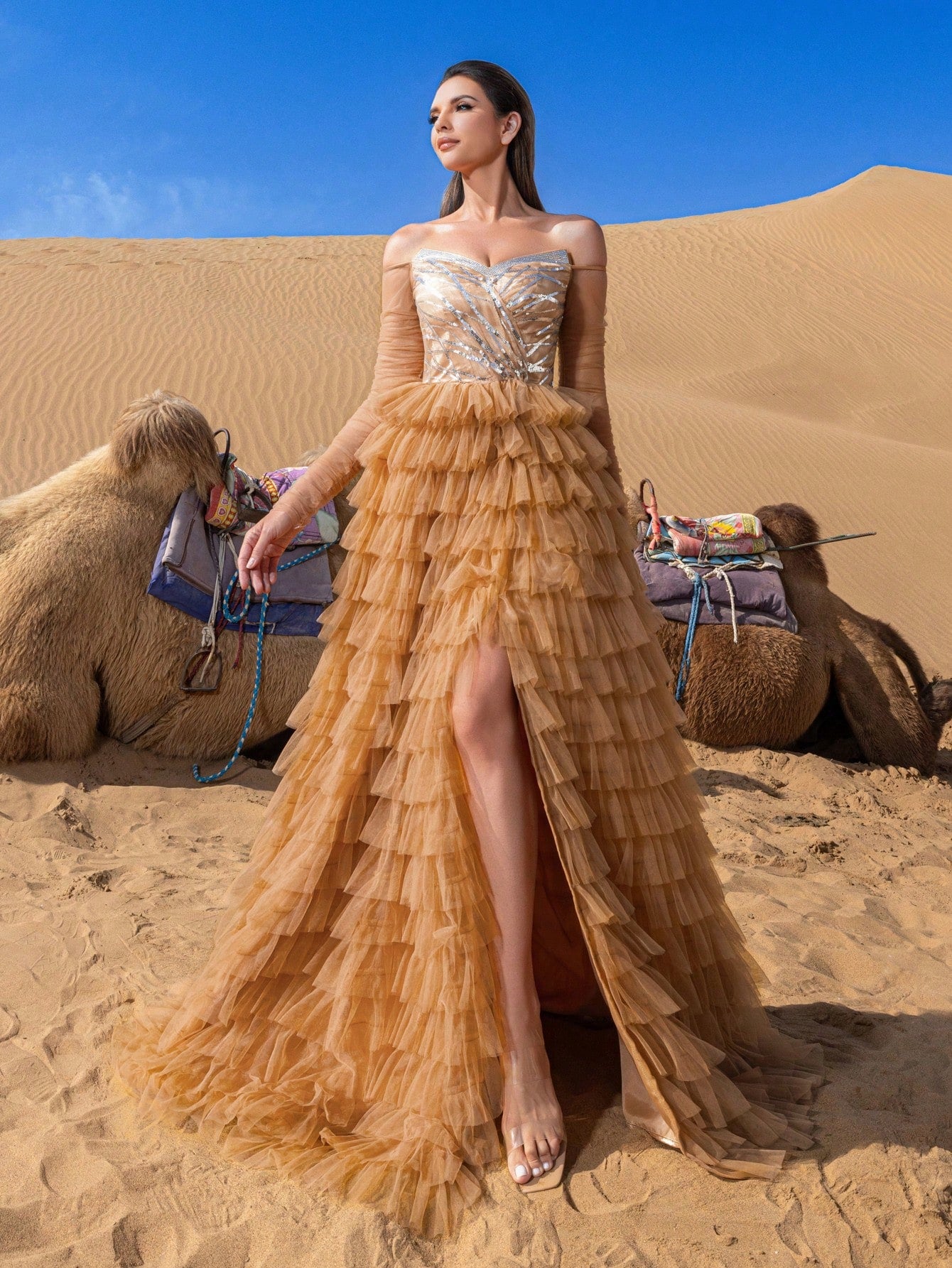 Gorgeous Off Shoulder Cascading Ruffle Hem Formal Prom Dress