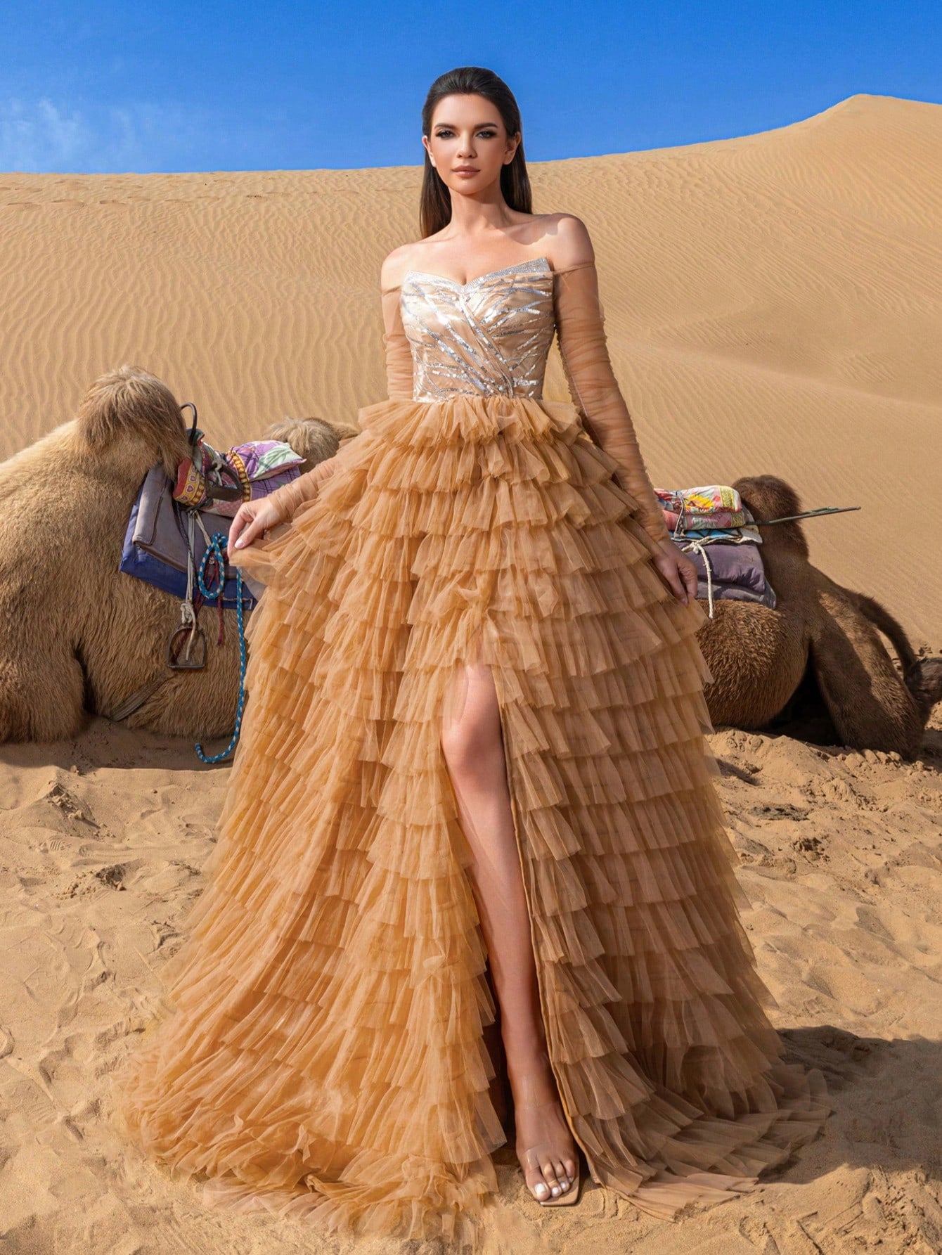 Gorgeous Off Shoulder Cascading Ruffle Hem Formal Prom Dress