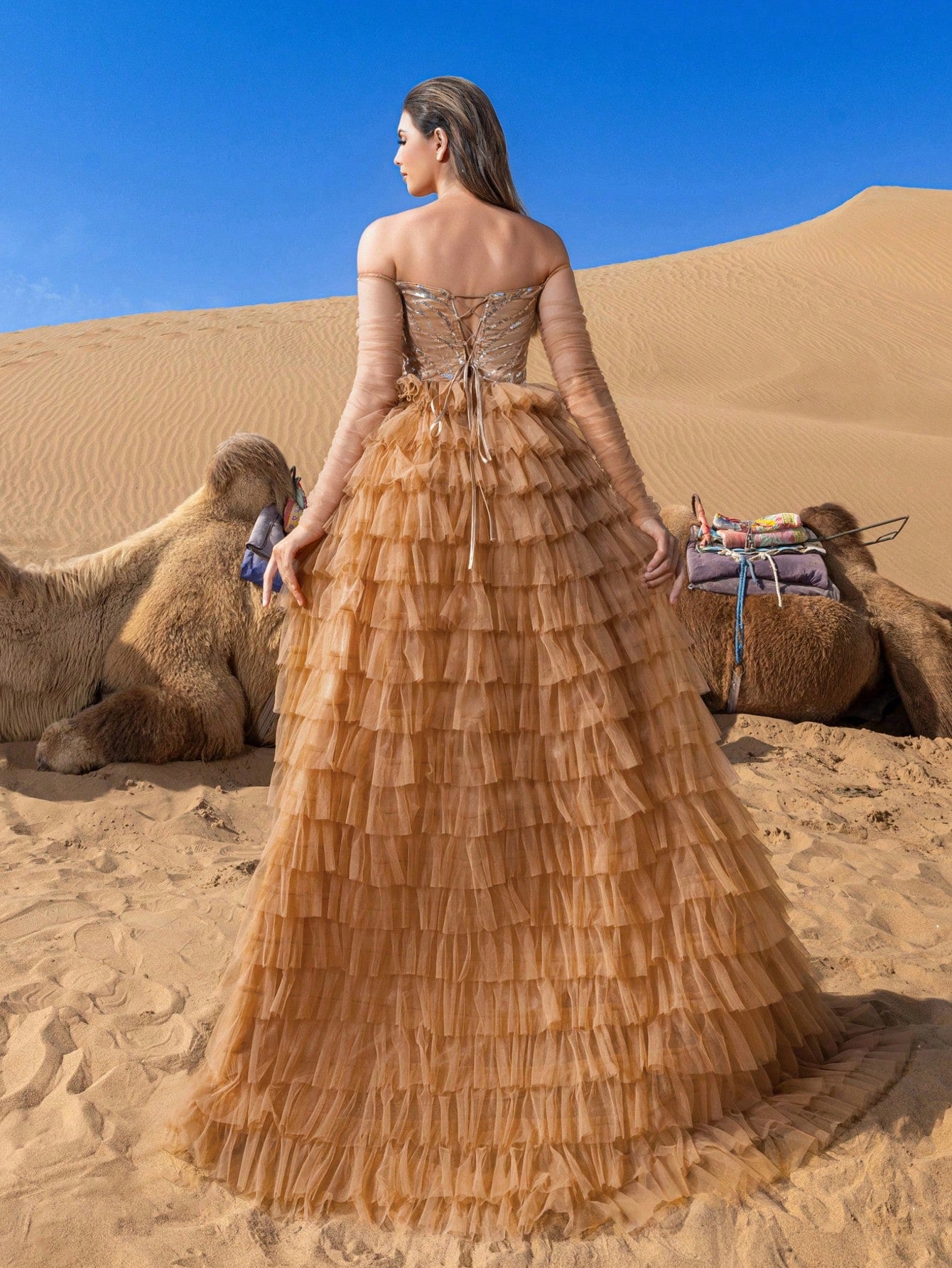 Gorgeous Off Shoulder Cascading Ruffle Hem Formal Prom Dress