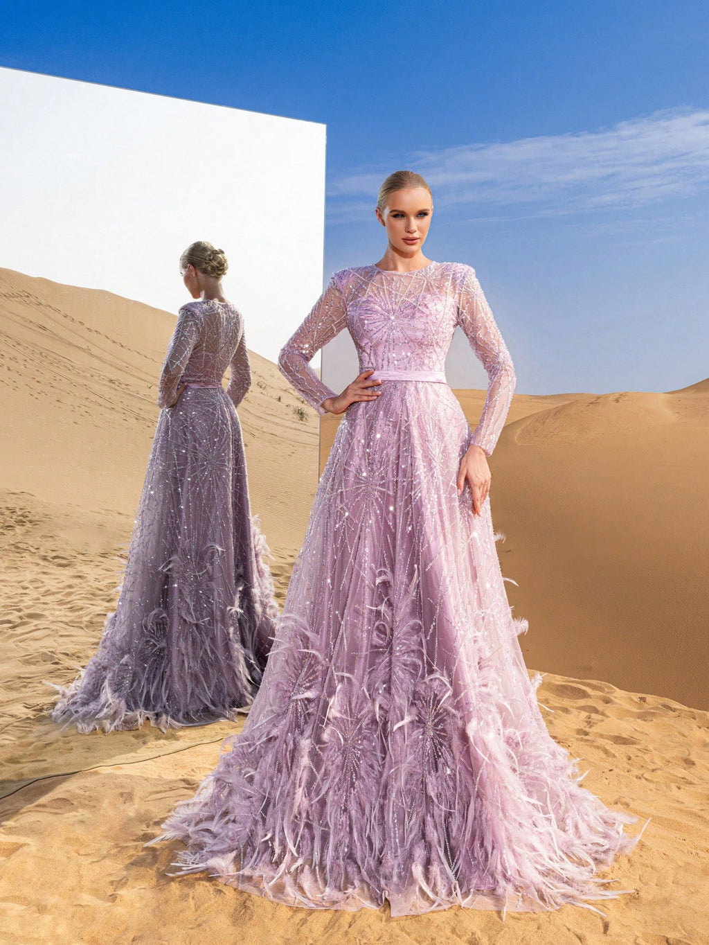Luxury Gorgeous Sheer Sleeves Beaded Formal Prom Dresses & Evening Gowns