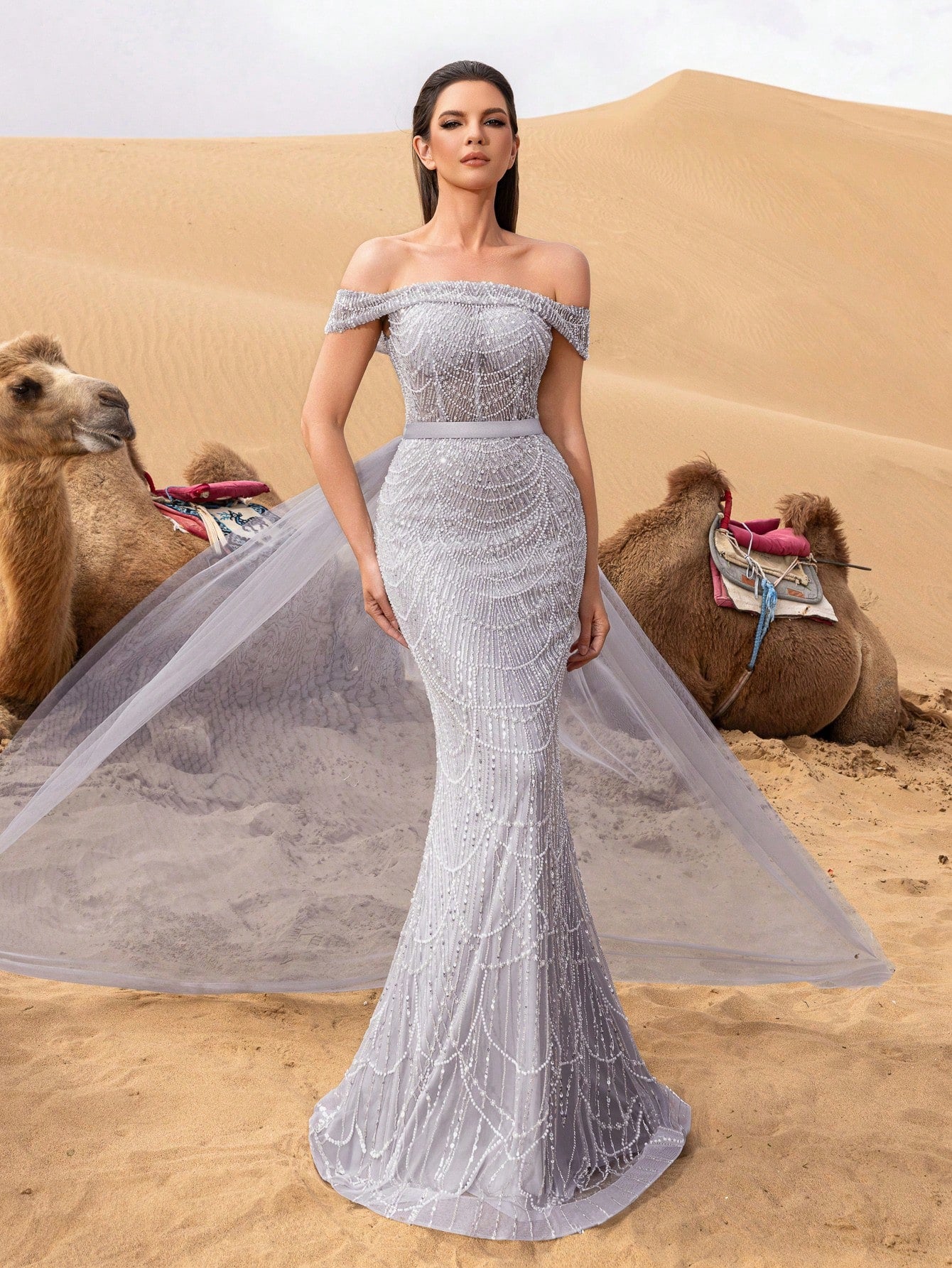 Luxury Off Shoulder Tulle Overlay Mermaid Hem Beaded Sequin Evening Dress