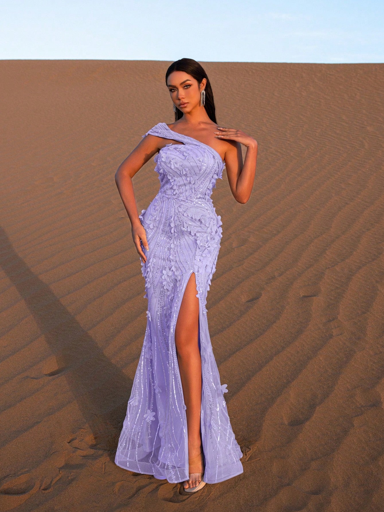 Elegant One Shoulder Floral Embroidered Split Beaded Formal Dresses & Evening Gowns