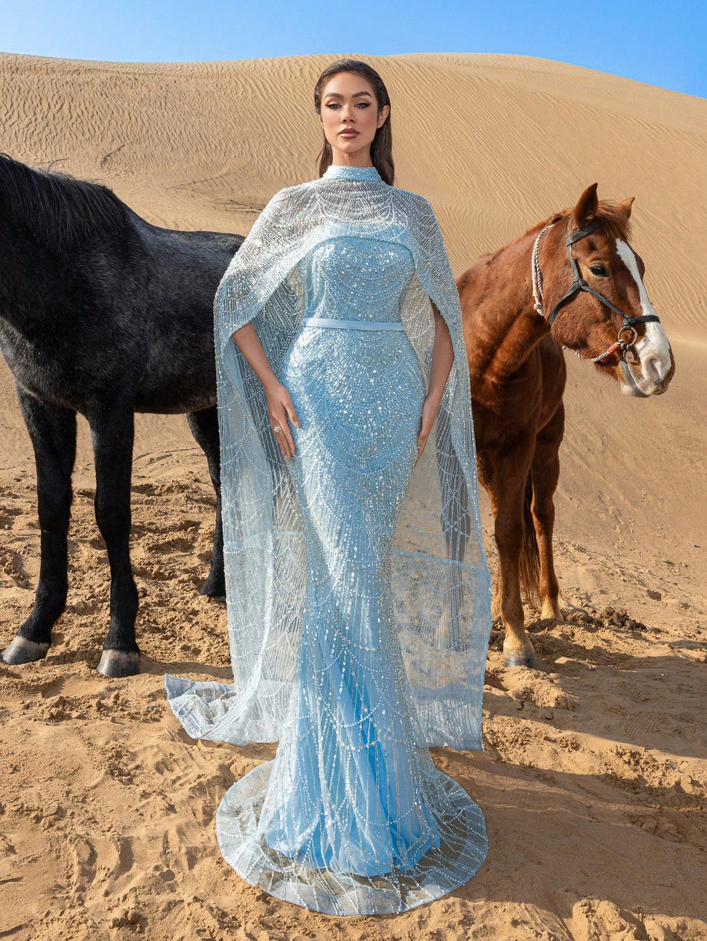 Luxurious Shimmering Beaded Sequin Maxi Cape Dress with Fish Tail Hem