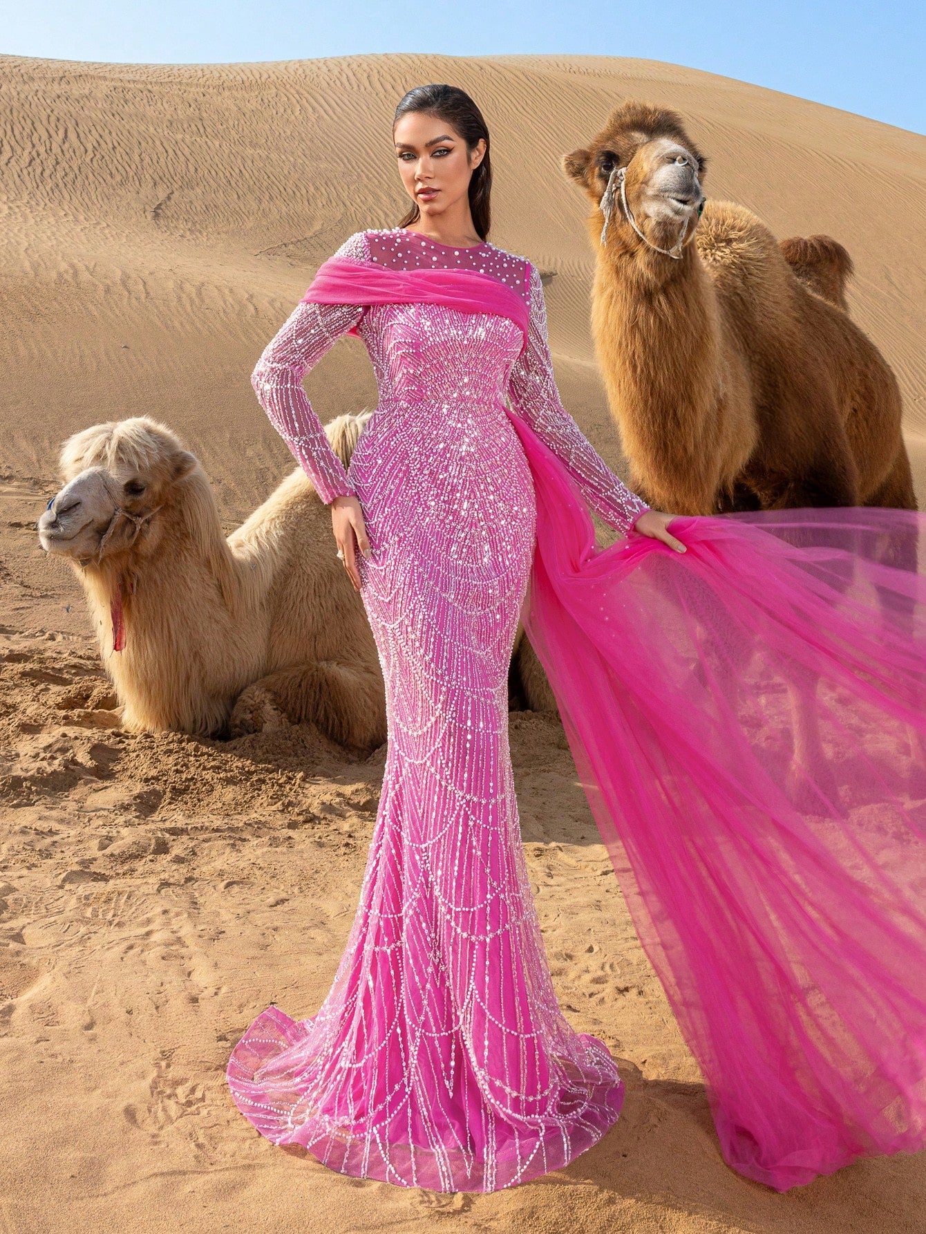Luxury Tulle Overlay Mermaid Hem Beaded Detail Formal Evening Dress