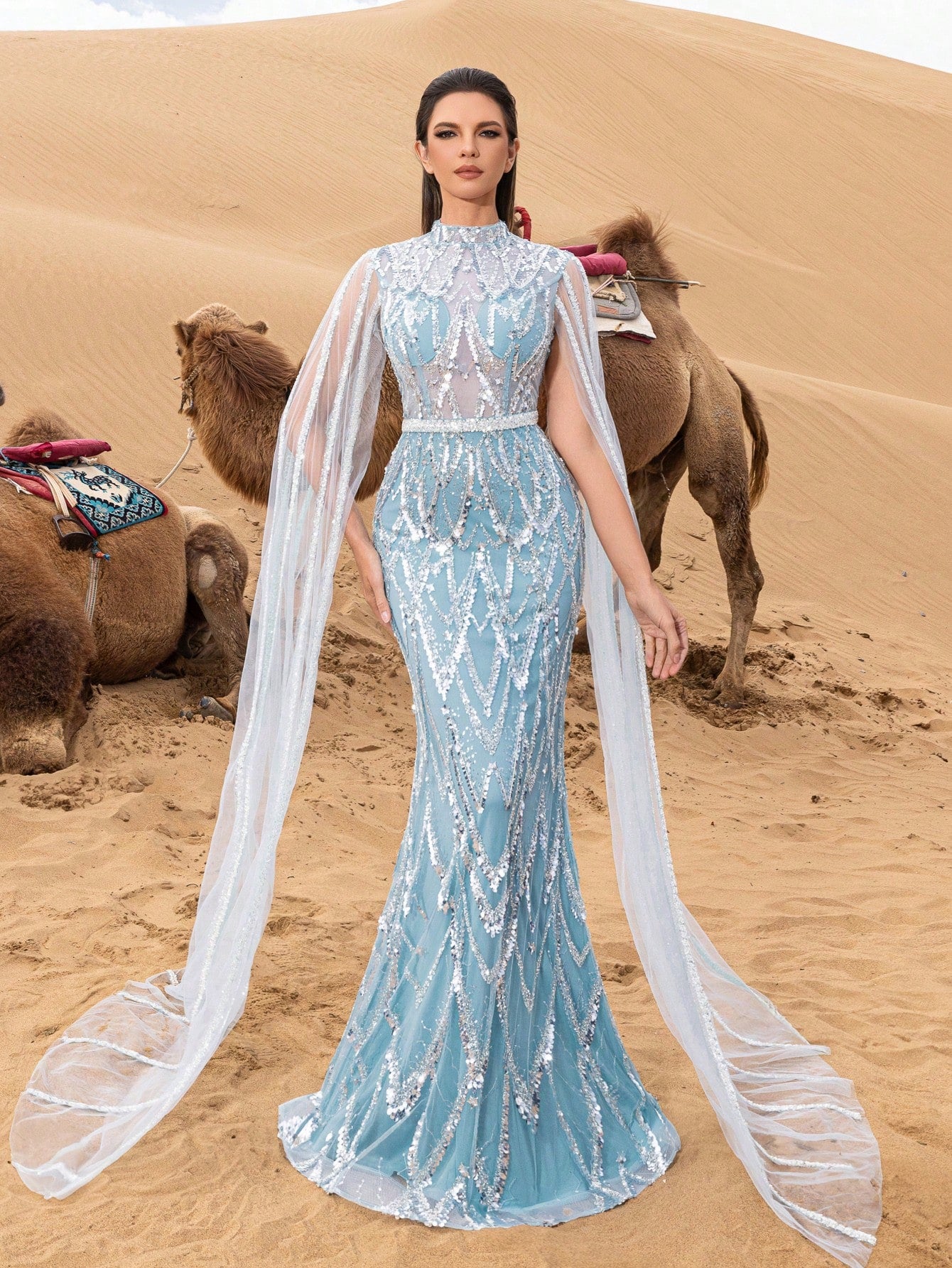 Luxurious Stand Collar Sequined Extra Long Sleeve Mermaid Hem Beaded Gown and Evening Dress