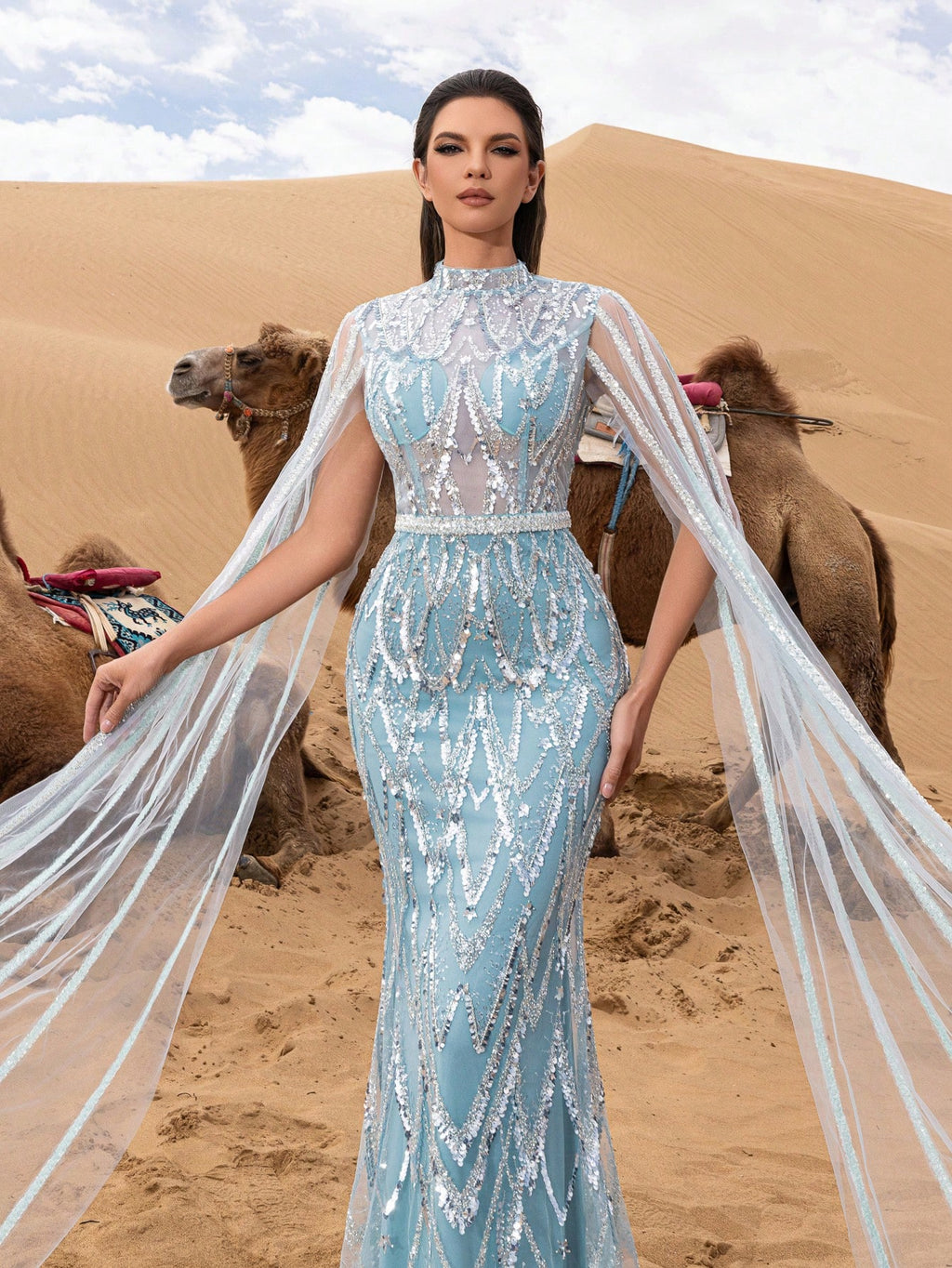 Luxurious Stand Collar Sequined Extra Long Sleeve Mermaid Hem Beaded Gown and Evening Dress