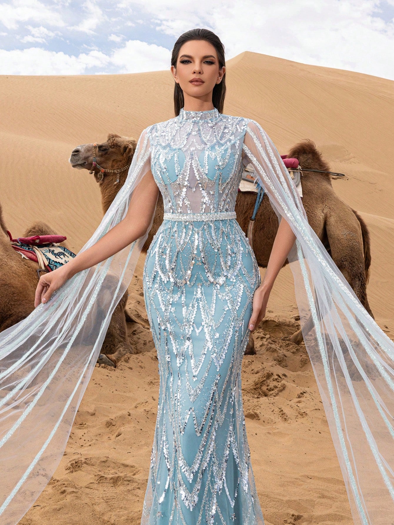 Luxurious Stand Collar Sequined Extra Long Sleeve Mermaid Hem Beaded Gown and Evening Dress