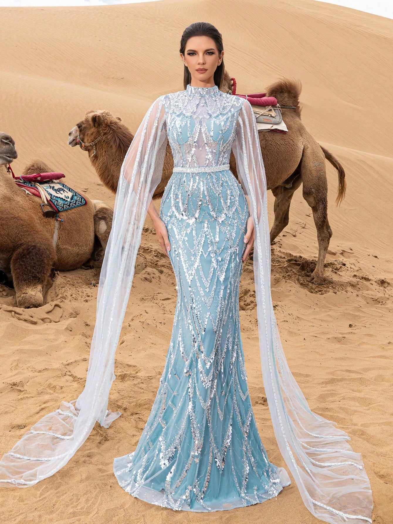 Luxurious Stand Collar Sequined Extra Long Sleeve Mermaid Hem Beaded Gown and Evening Dress