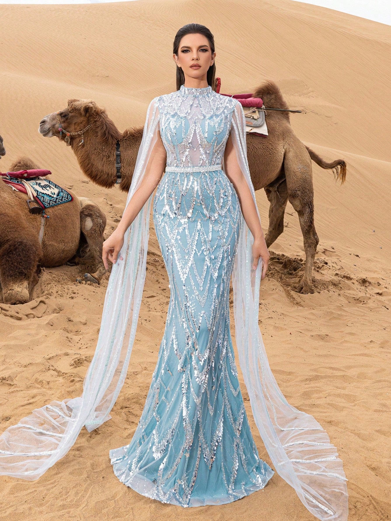 Luxurious Stand Collar Sequined Extra Long Sleeve Mermaid Hem Beaded Gown and Evening Dress
