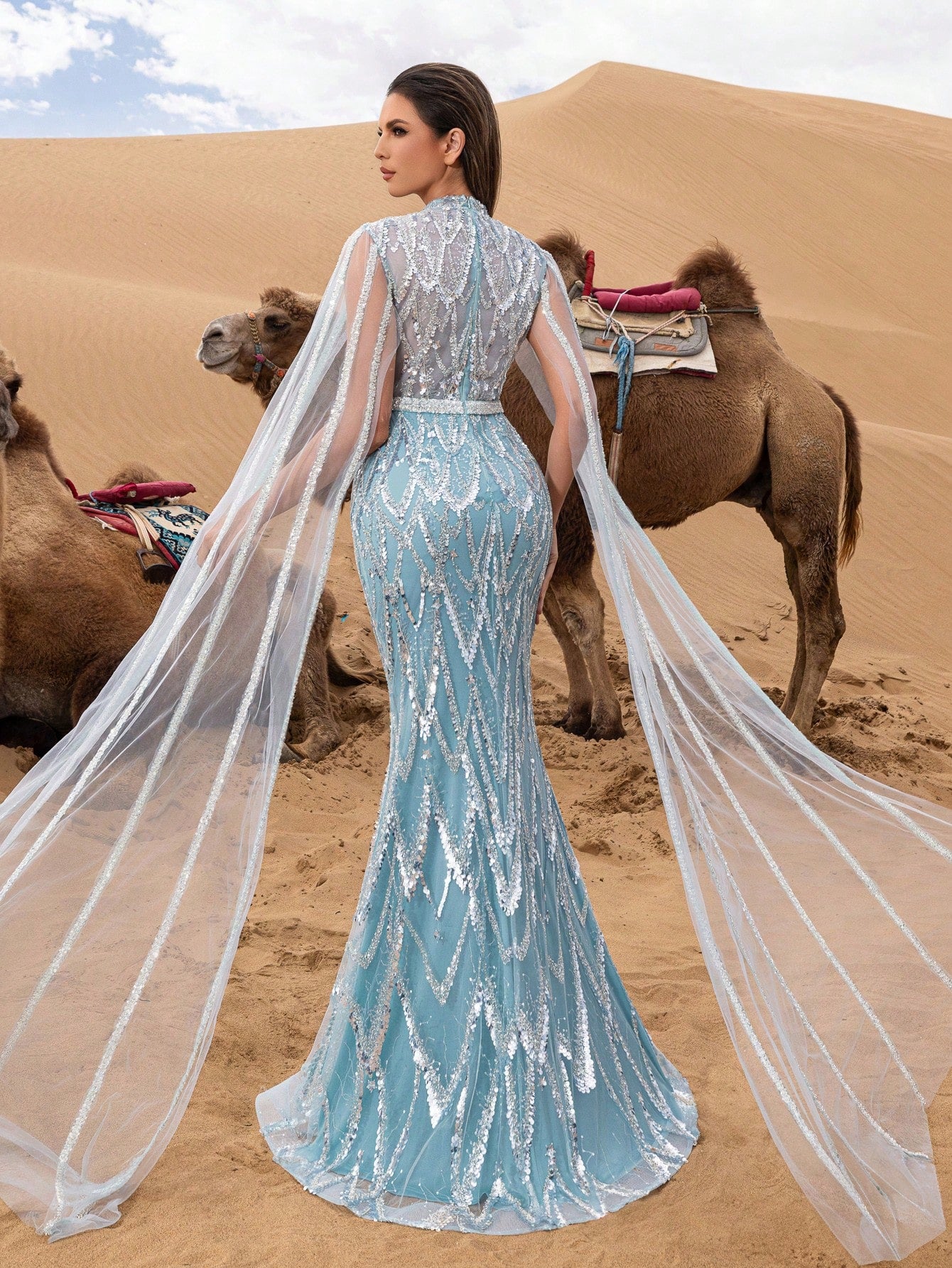 Luxurious Stand Collar Sequined Extra Long Sleeve Mermaid Hem Beaded Gown and Evening Dress