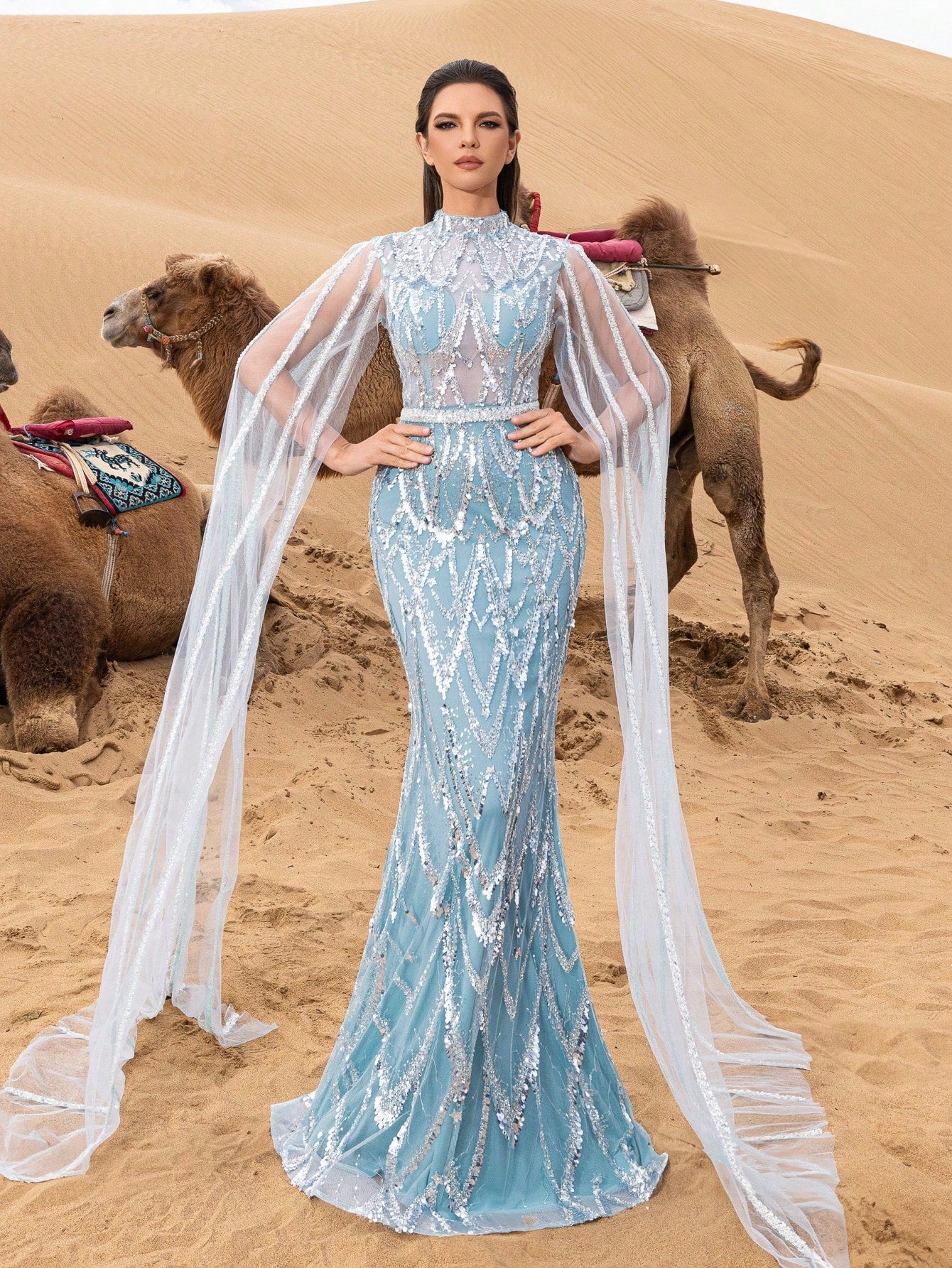 Luxurious Stand Collar Sequined Extra Long Sleeve Mermaid Hem Beaded Gown and Evening Dress