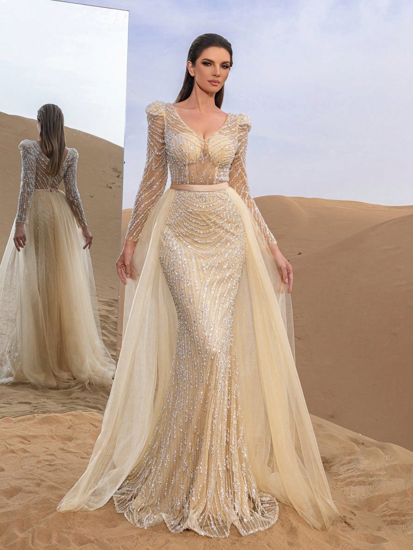 Gorgeous V Neck Long Sleeve Mesh Overlay Beaded Formal Dresses & Evening Gowns