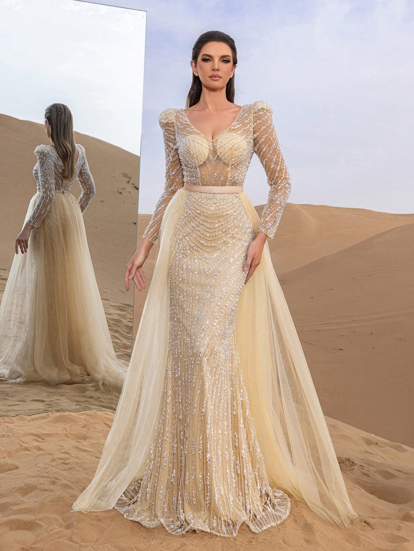 Gorgeous V Neck Long Sleeve Mesh Overlay Beaded Formal Dresses & Evening Gowns