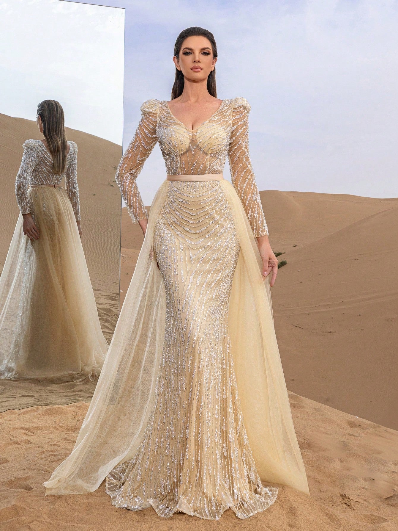 Gorgeous V Neck Long Sleeve Mesh Overlay Beaded Formal Dresses & Evening Gowns