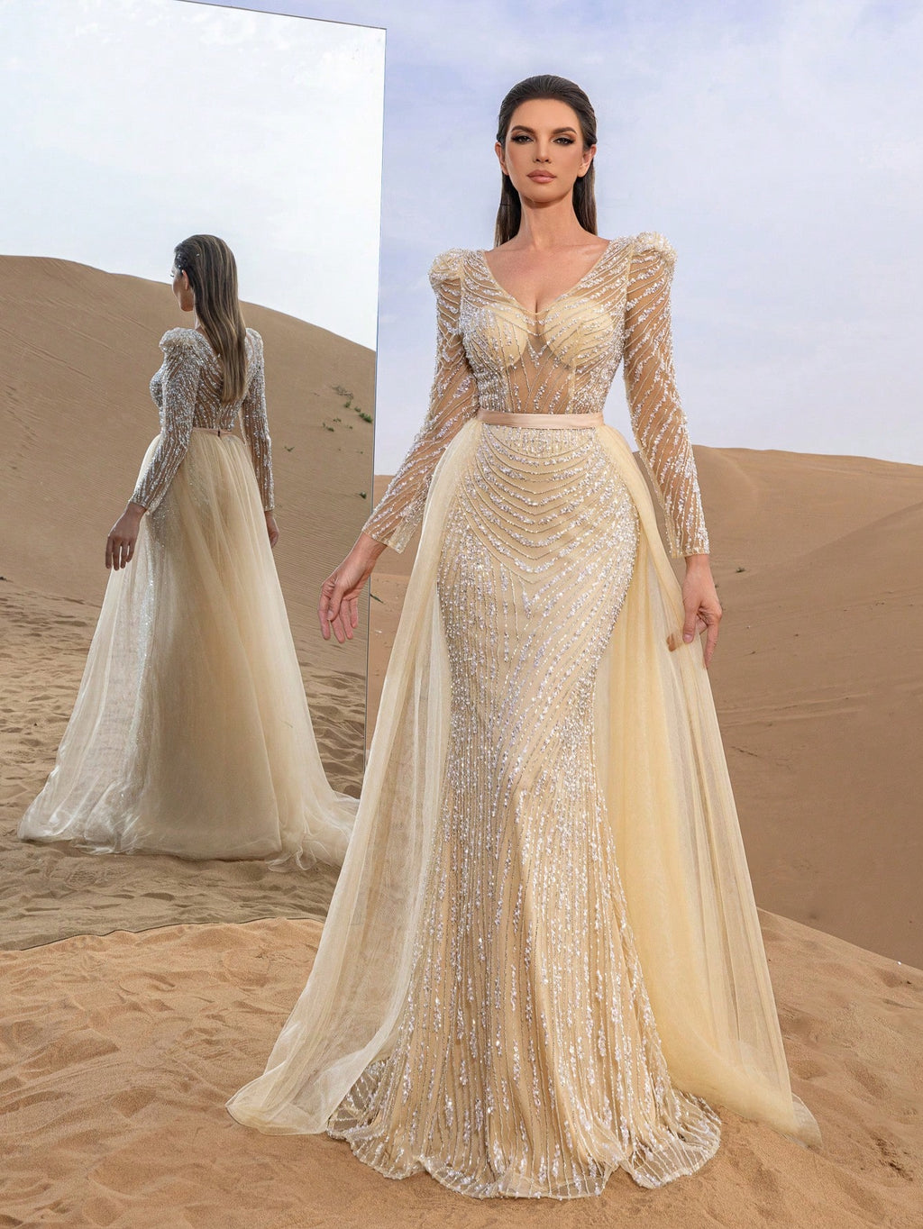 Gorgeous V Neck Long Sleeve Mesh Overlay Beaded Formal Dresses & Evening Gowns